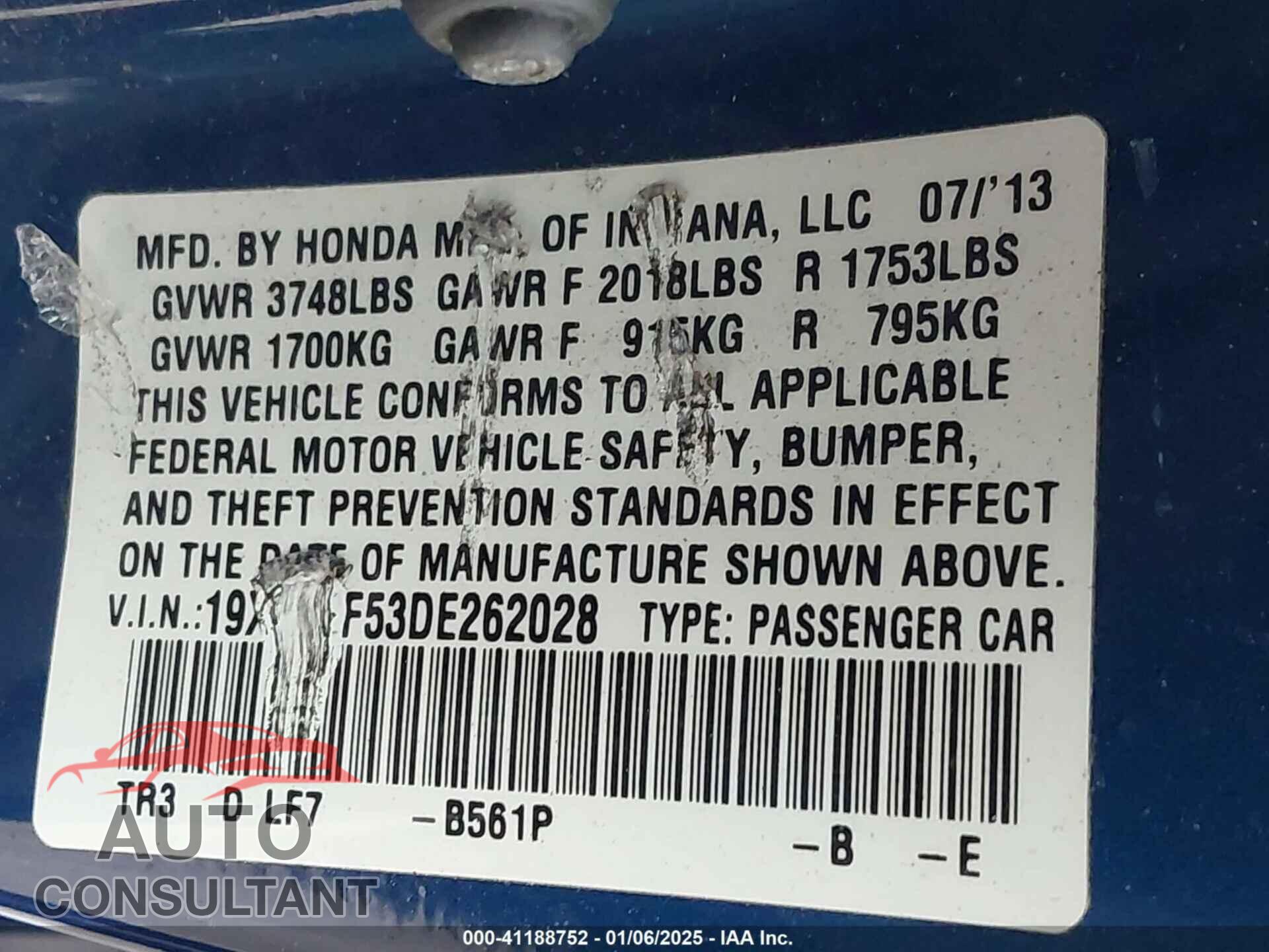 HONDA CIVIC 2013 - 19XFB2F53DE262028