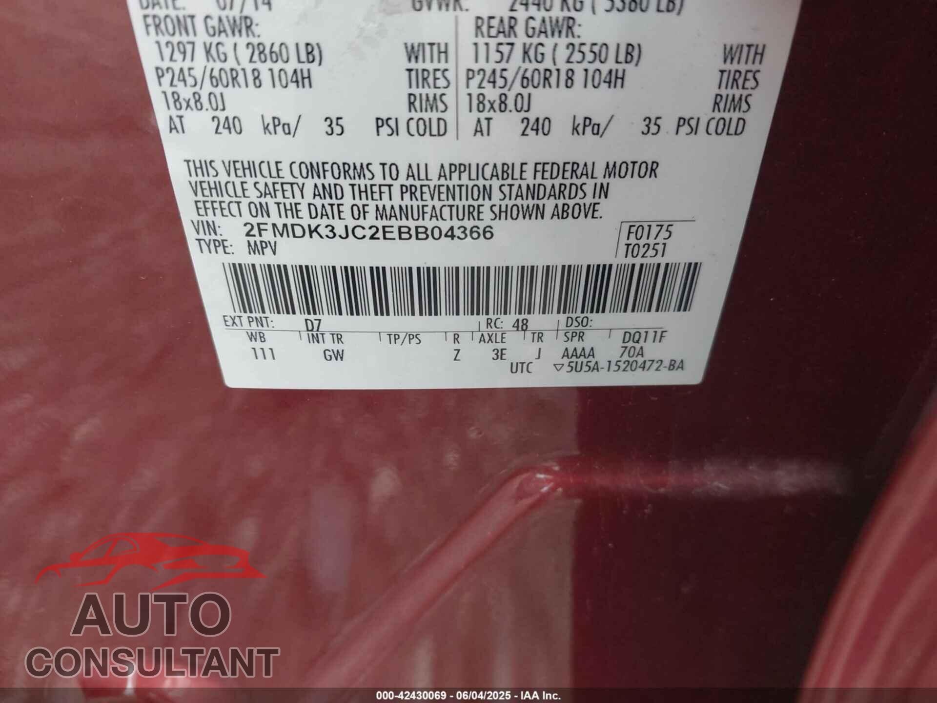 FORD EDGE 2014 - 2FMDK3JC2EBB04366