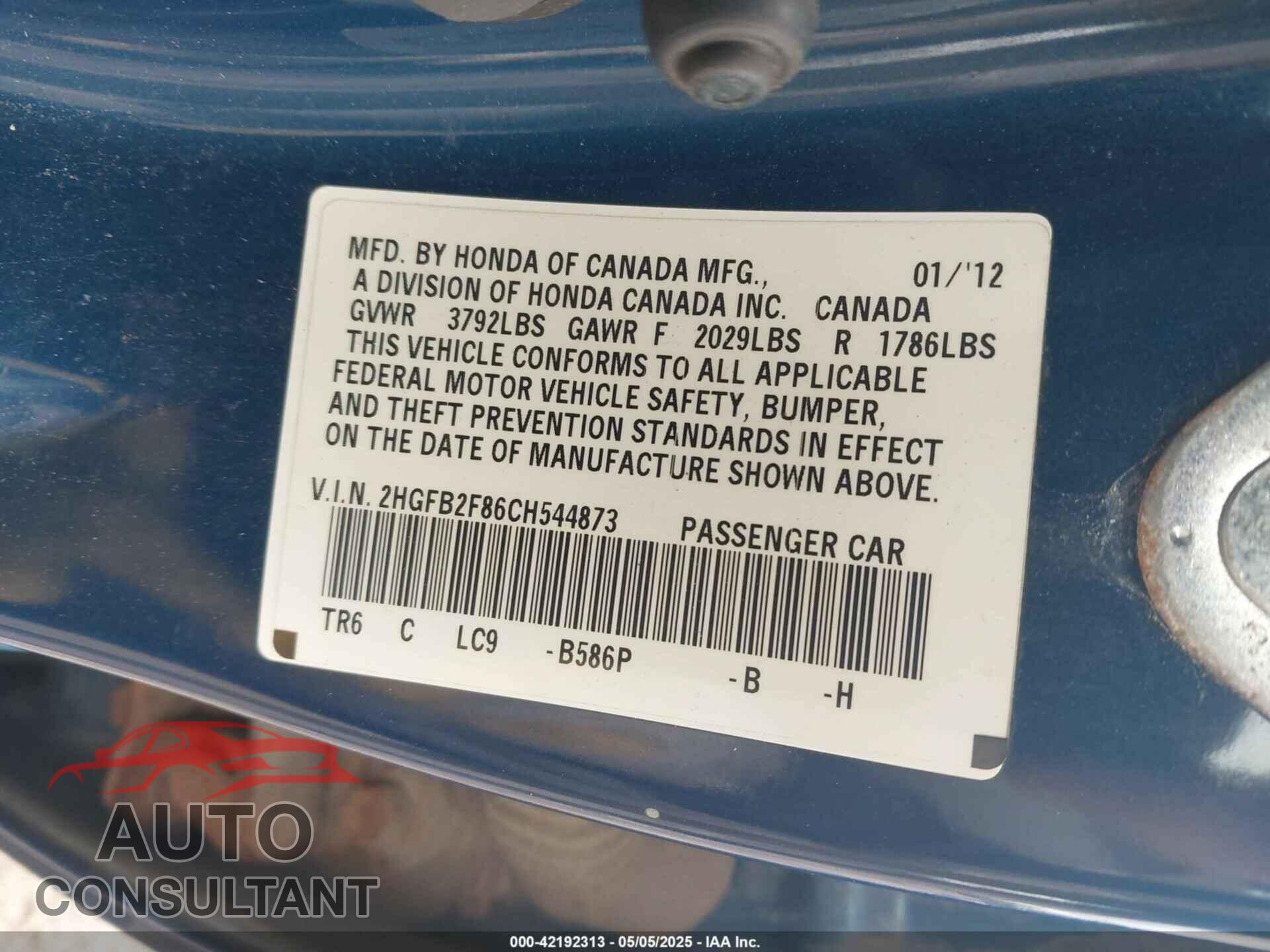 HONDA CIVIC 2012 - 2HGFB2F86CH544873