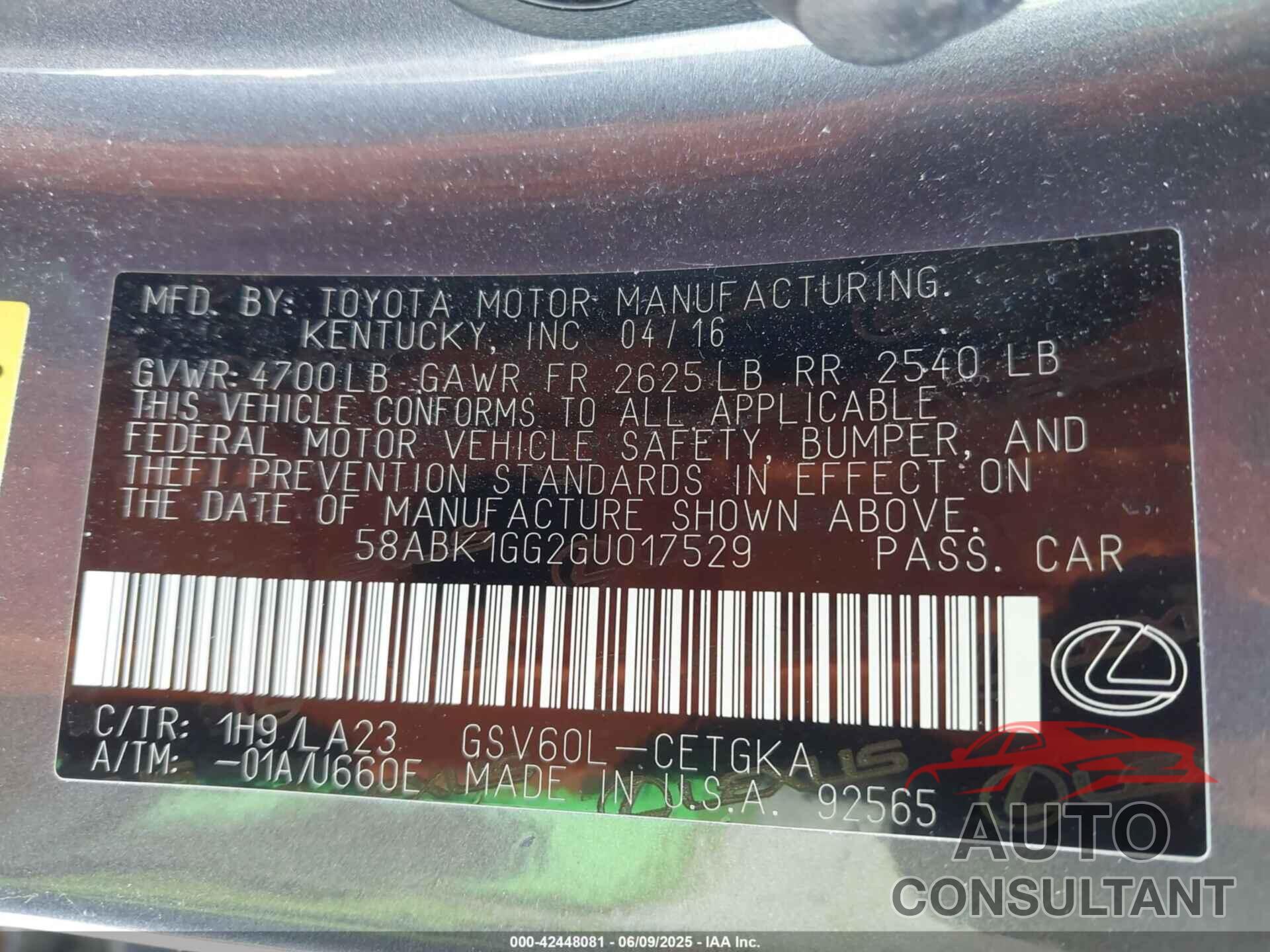 LEXUS ES 350 2016 - 58ABK1GG2GU017529