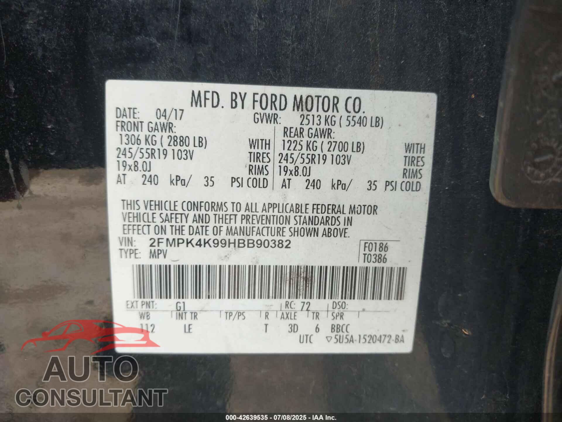 FORD EDGE 2017 - 2FMPK4K99HBB90382