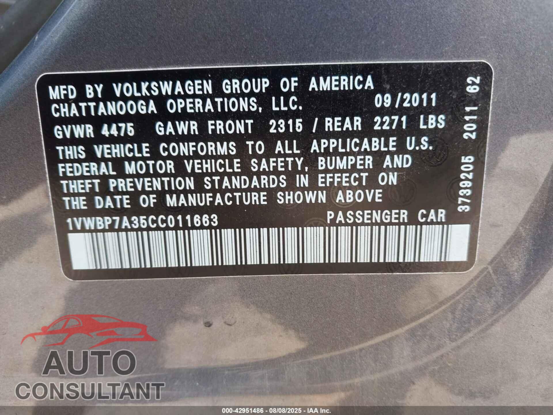 VOLKSWAGEN PASSAT 2012 - 1VWBP7A35CC011663