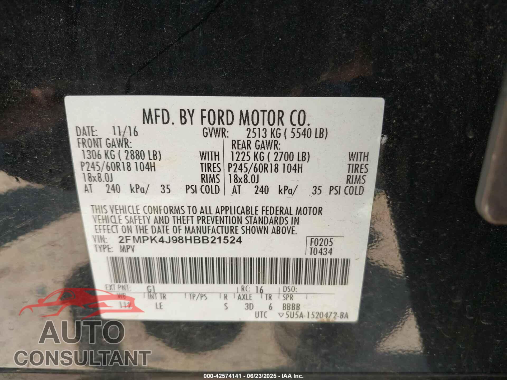 FORD EDGE 2017 - 2FMPK4J98HBB21524