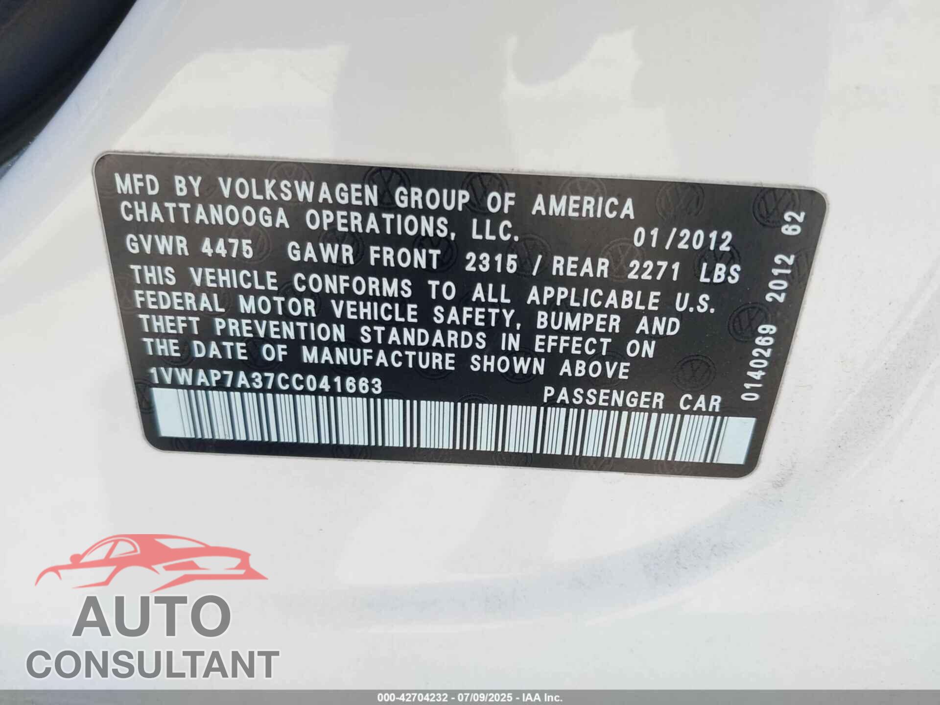 VOLKSWAGEN PASSAT 2012 - 1VWAP7A37CC041663