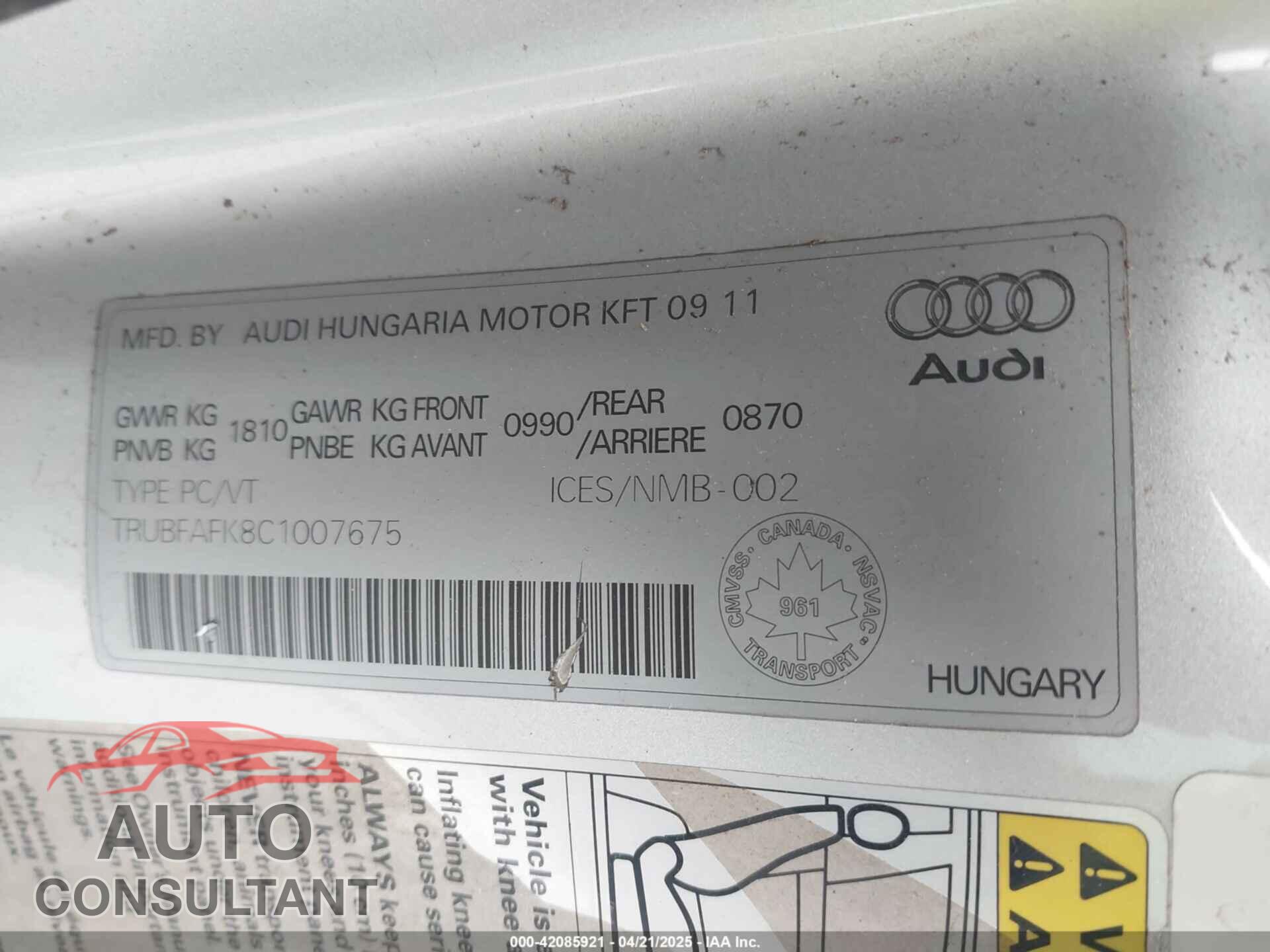 AUDI TT 2012 - TRUBFAFK8C1007675