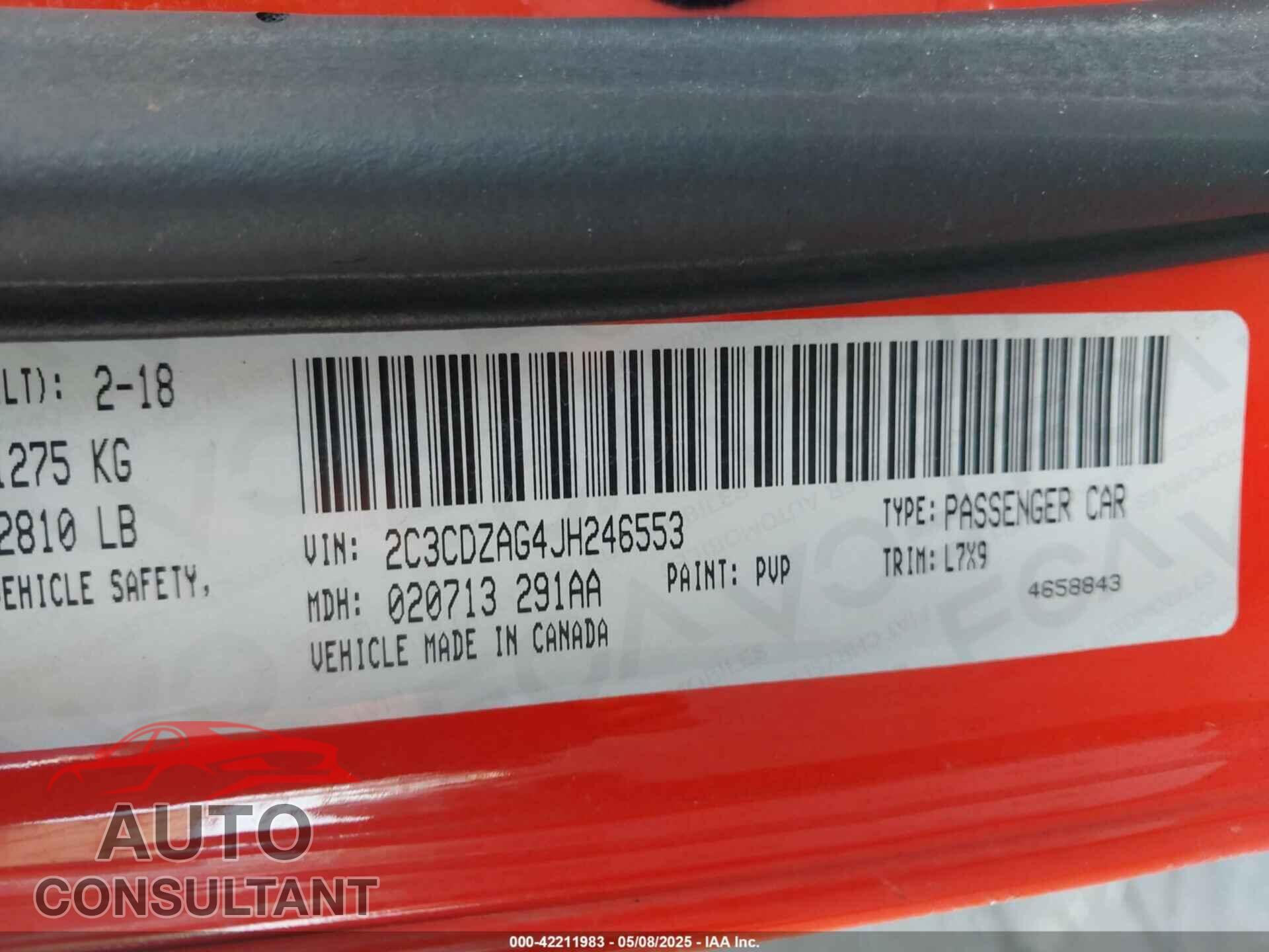 DODGE CHALLENGER 2018 - 2C3CDZAG4JH246553
