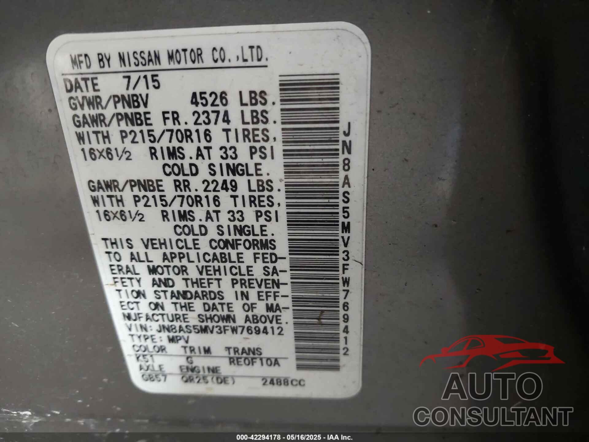 NISSAN ROGUE SELECT 2015 - JN8AS5MV3FW769412