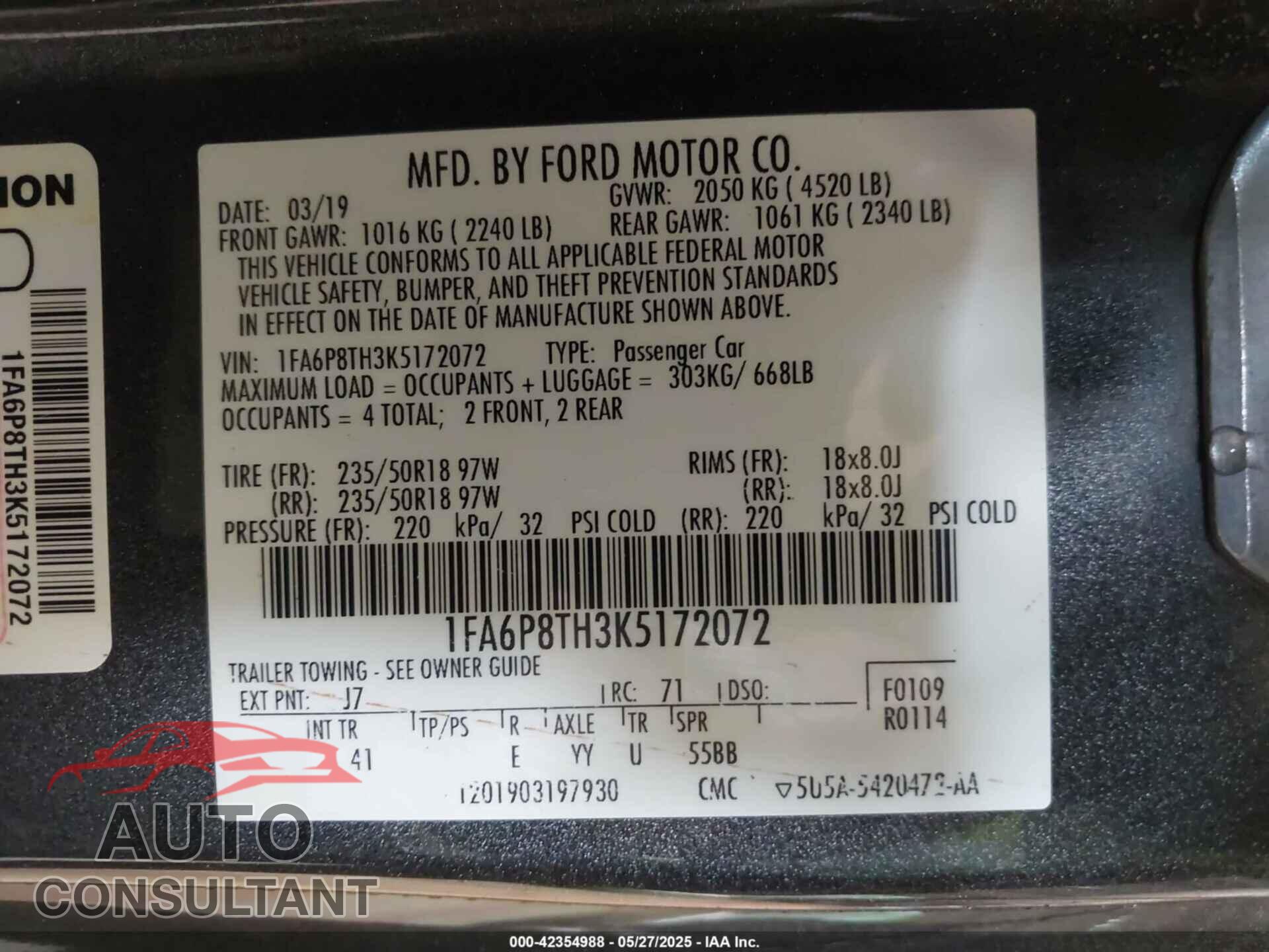 FORD MUSTANG 2019 - 1FA6P8TH3K5172072