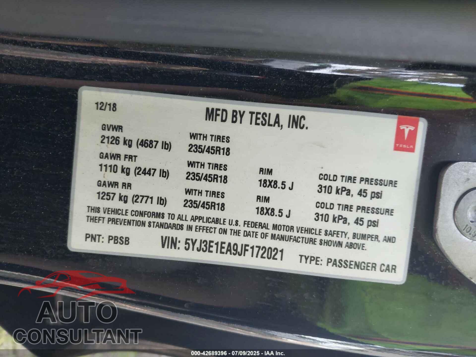 TESLA MODEL 3 2018 - 5YJ3E1EA9JF172021