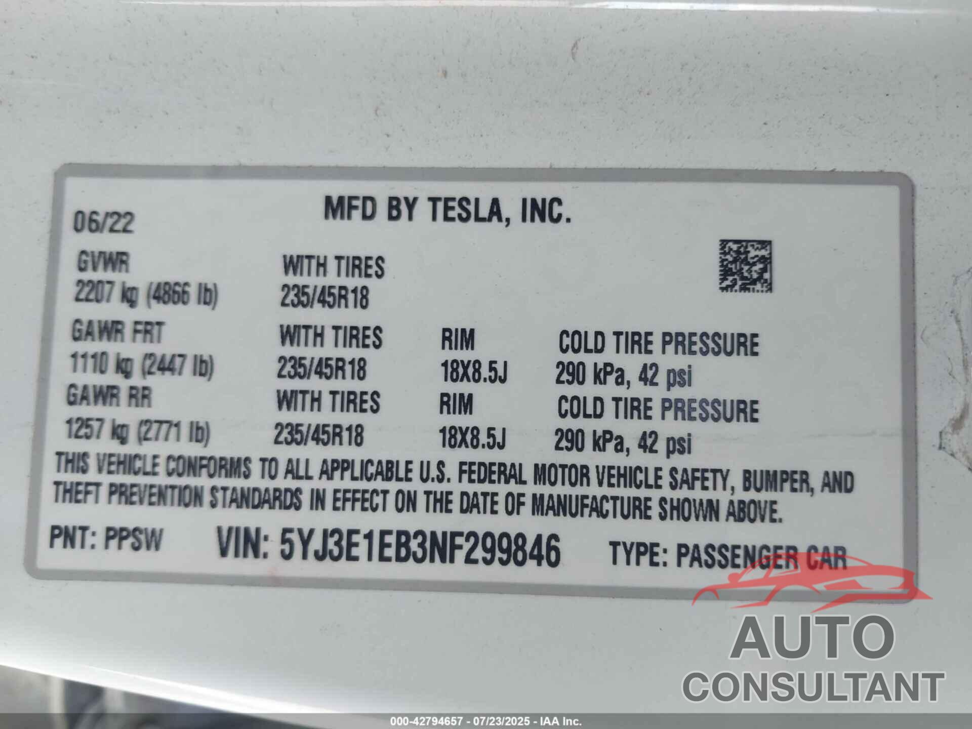 TESLA MODEL 3 2022 - 5YJ3E1EB3NF299846