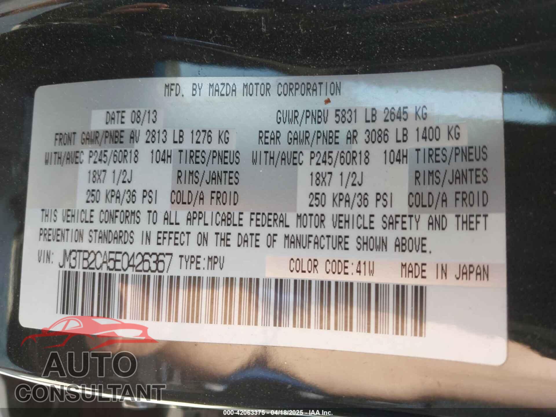 MAZDA CX-9 2014 - JM3TB2CA5E0426367