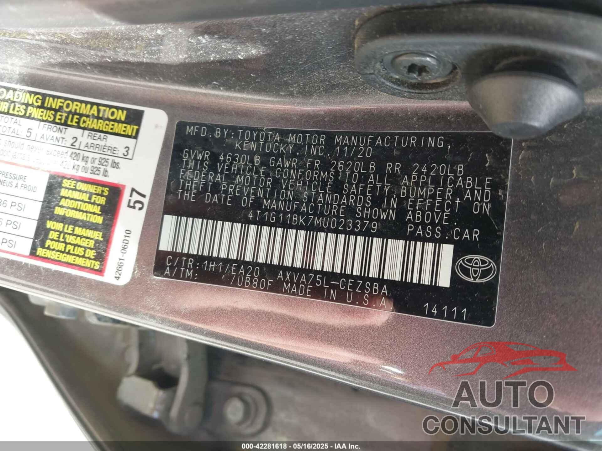 TOYOTA CAMRY 2021 - 4T1G11BK7MU023379