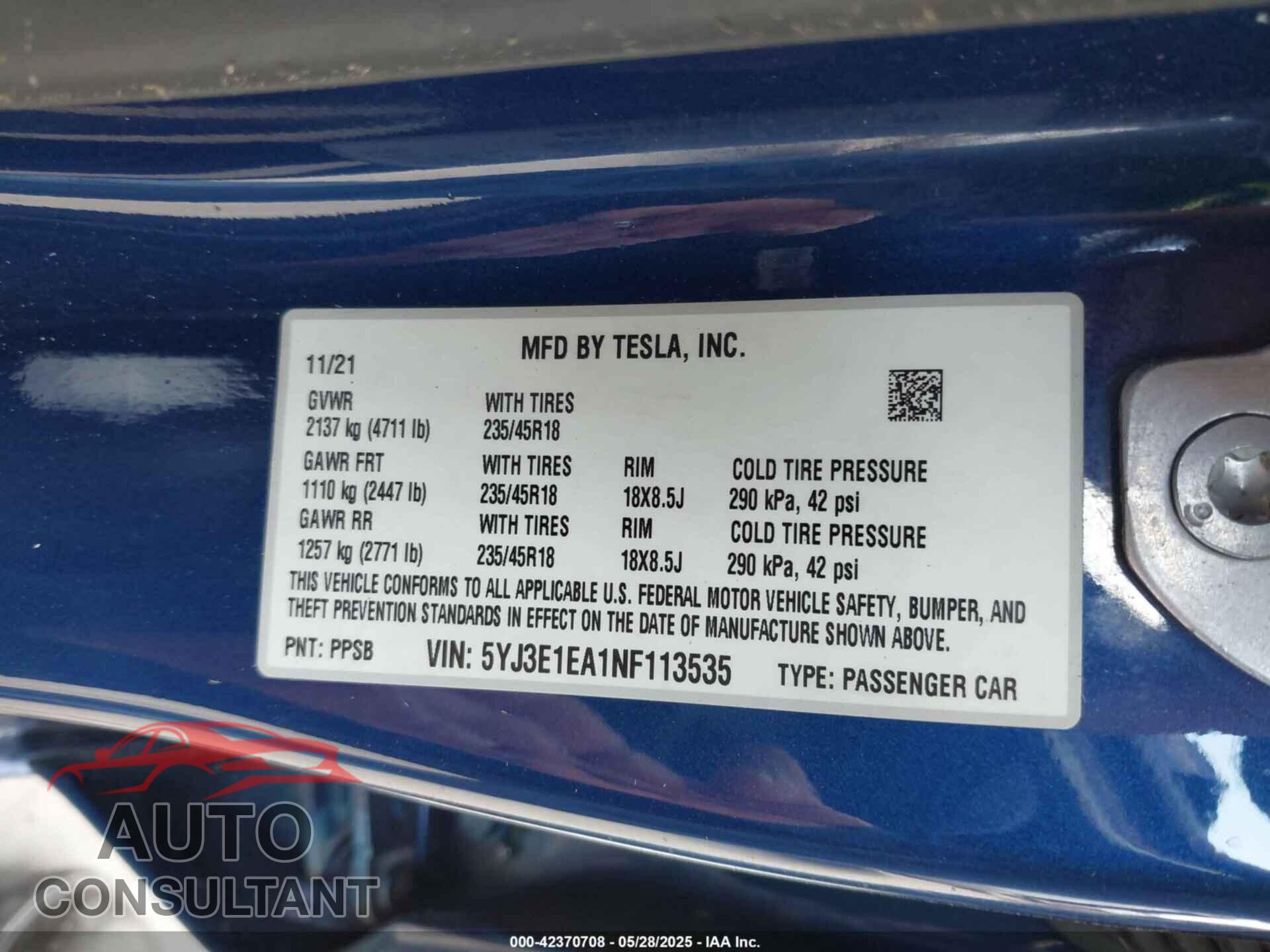 TESLA MODEL 3 2022 - 5YJ3E1EA1NF113535