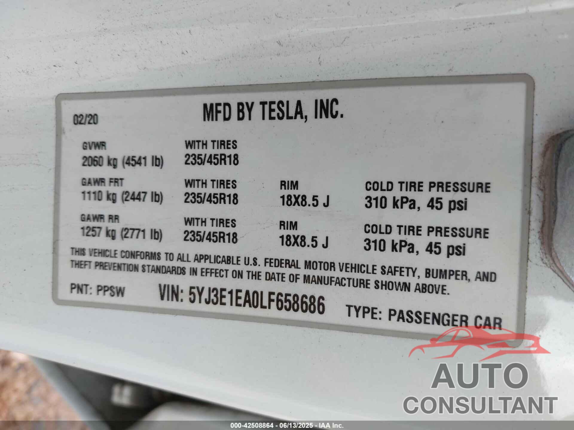 TESLA MODEL 3 2020 - 5YJ3E1EA0LF658686