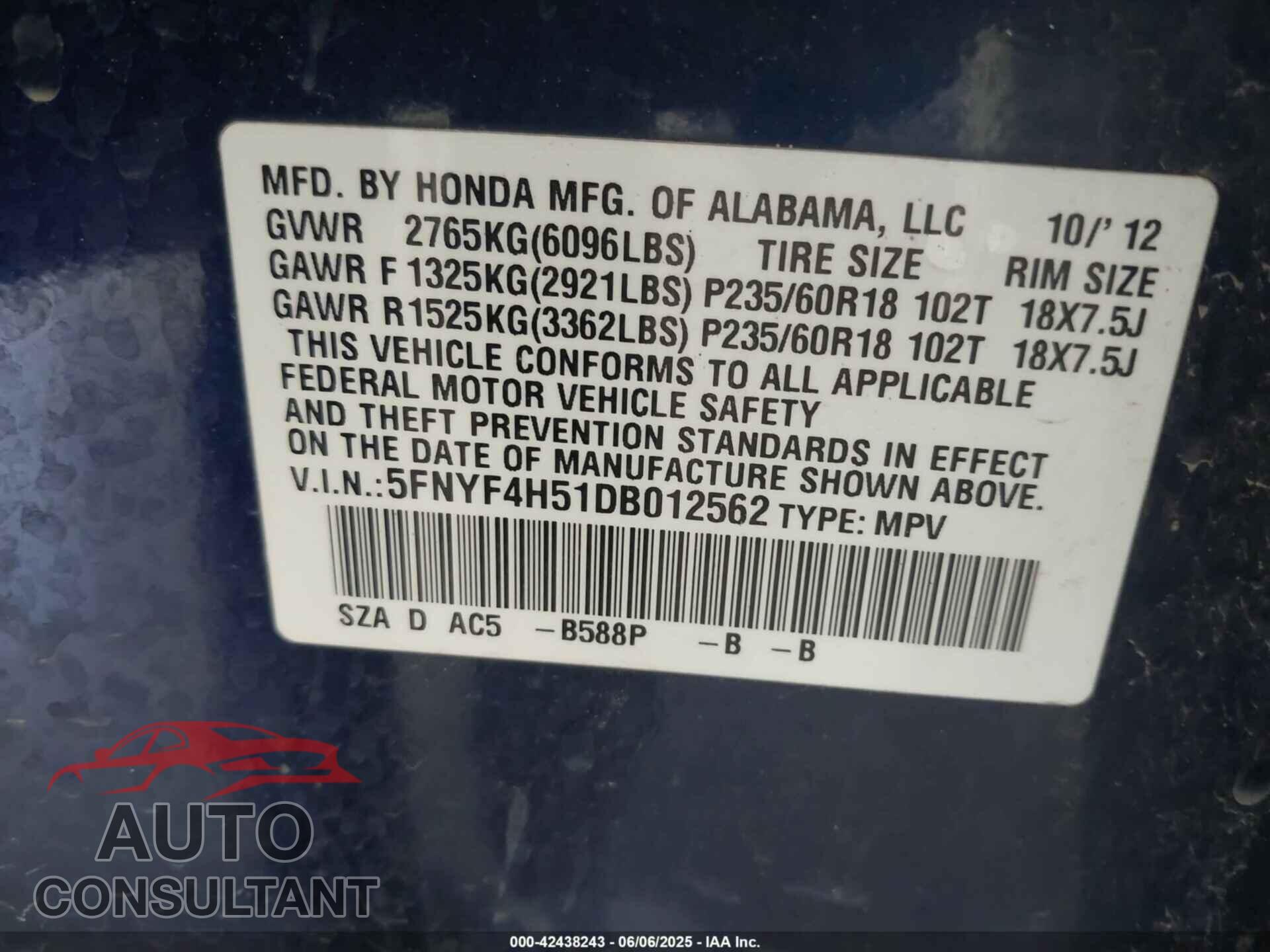 HONDA PILOT 2013 - 5FNYF4H51DB012562