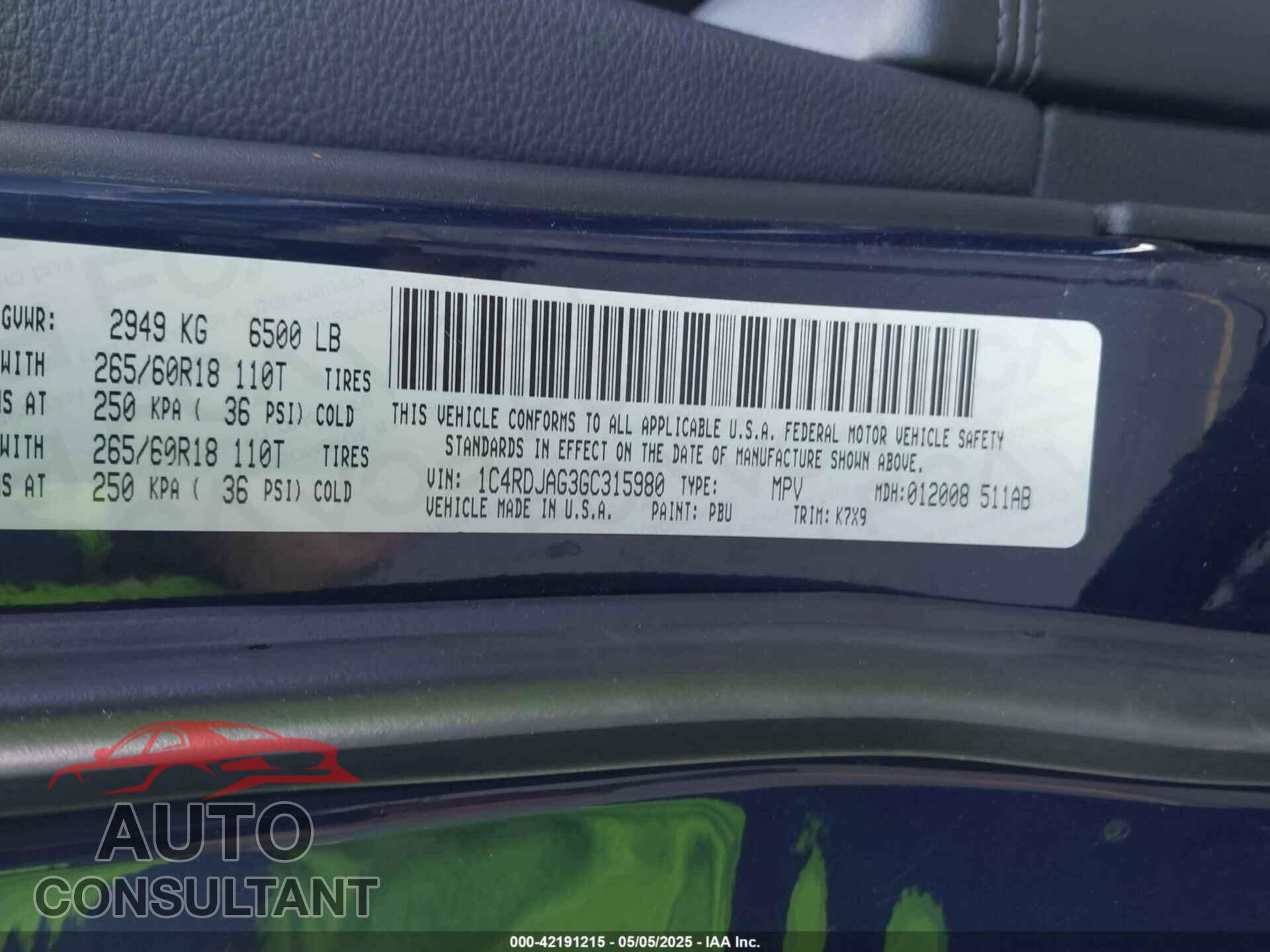 DODGE DURANGO 2016 - 1C4RDJAG3GC315980