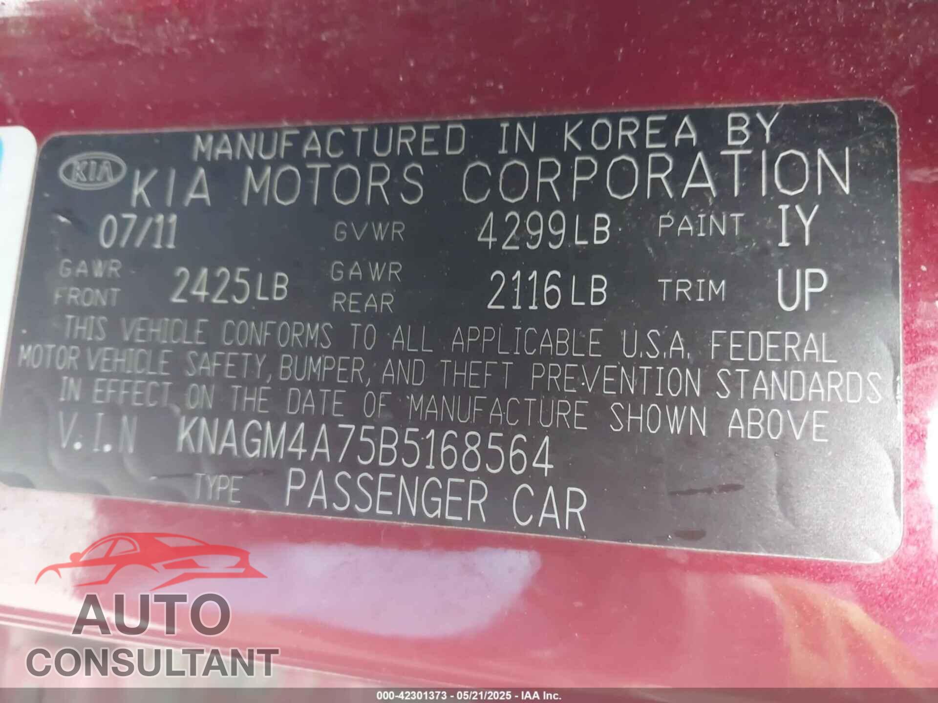 KIA OPTIMA 2011 - KNAGM4A75B5168564