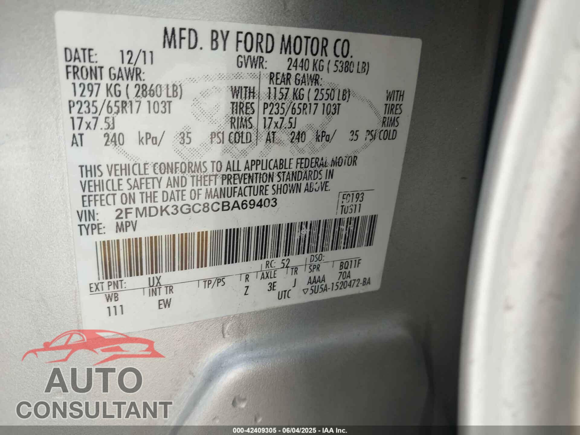 FORD EDGE 2012 - 2FMDK3GC8CBA69403