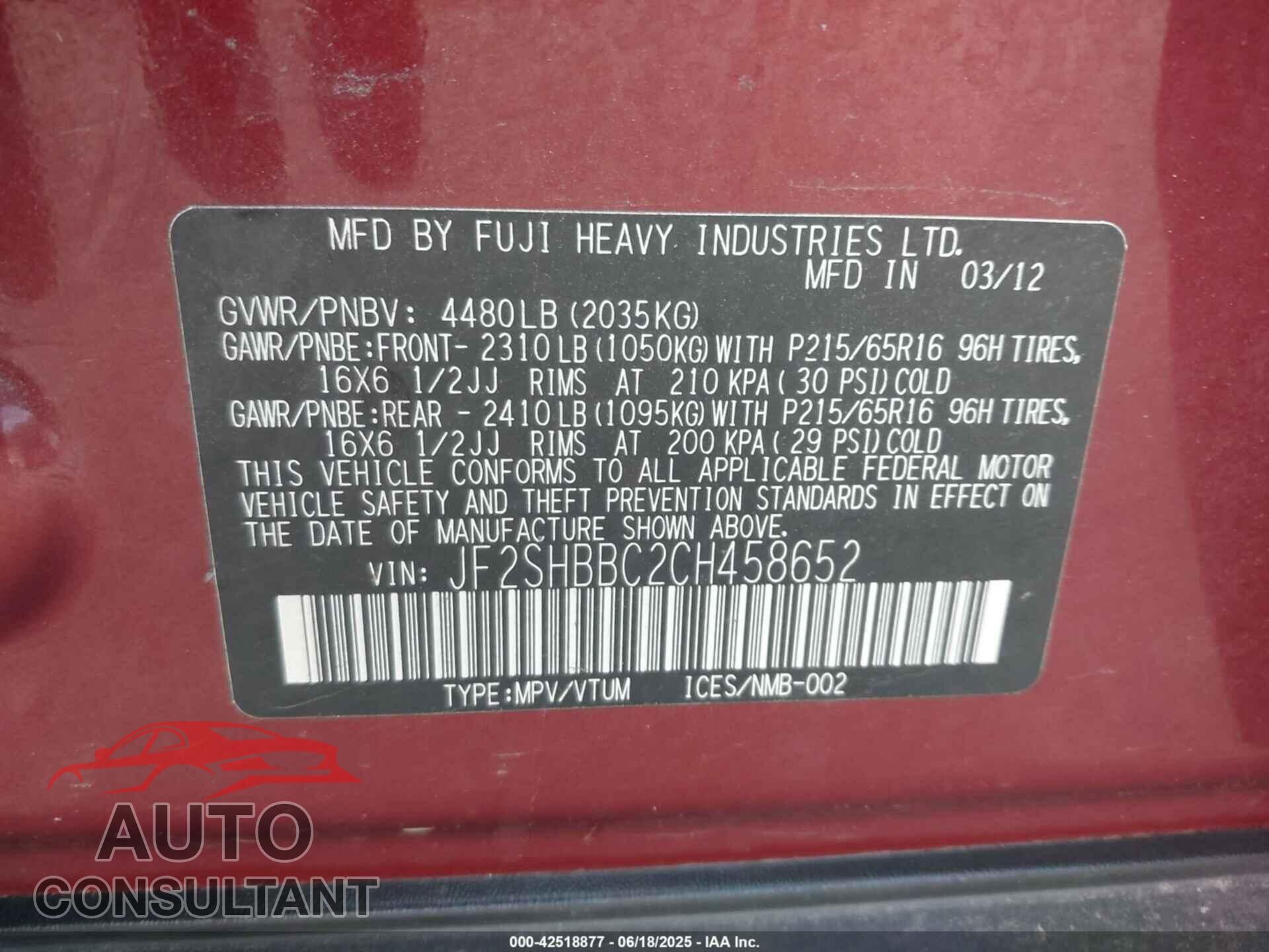 SUBARU FORESTER 2012 - JF2SHBBC2CH458652