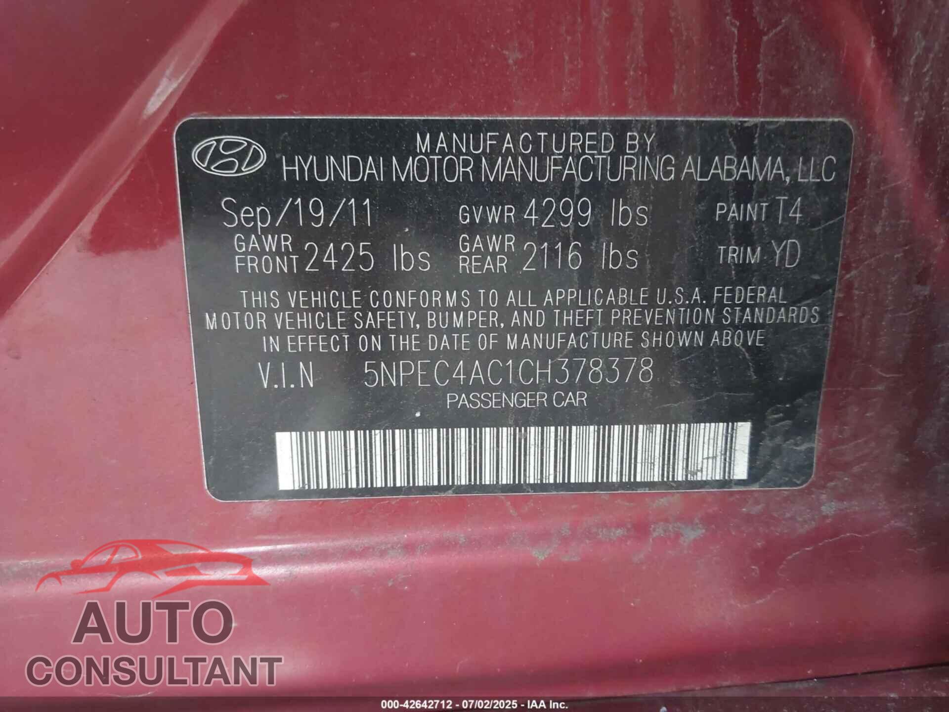 HYUNDAI SONATA 2012 - 5NPEC4AC1CH378378