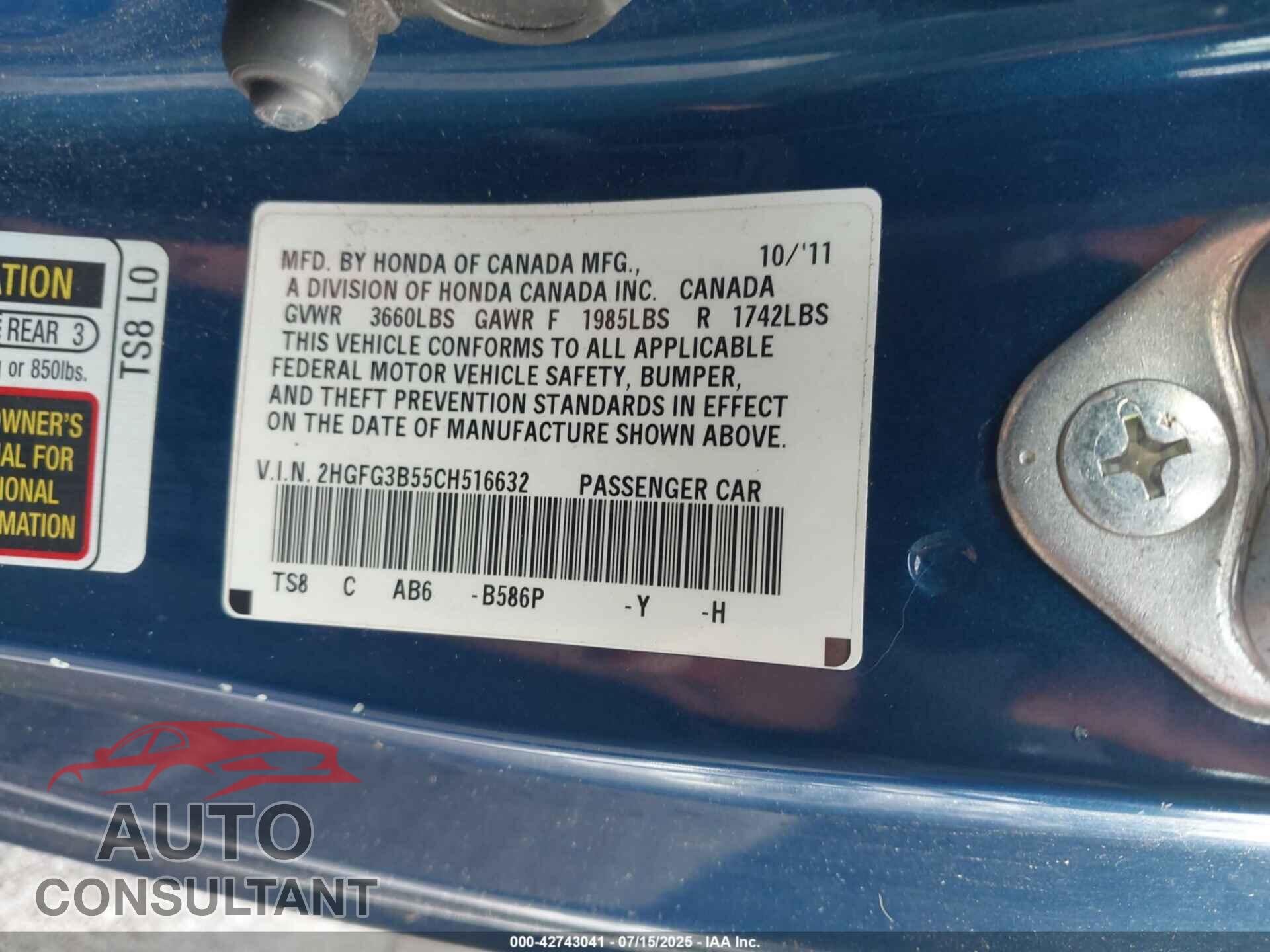 HONDA CIVIC 2012 - 2HGFG3B55CH516632