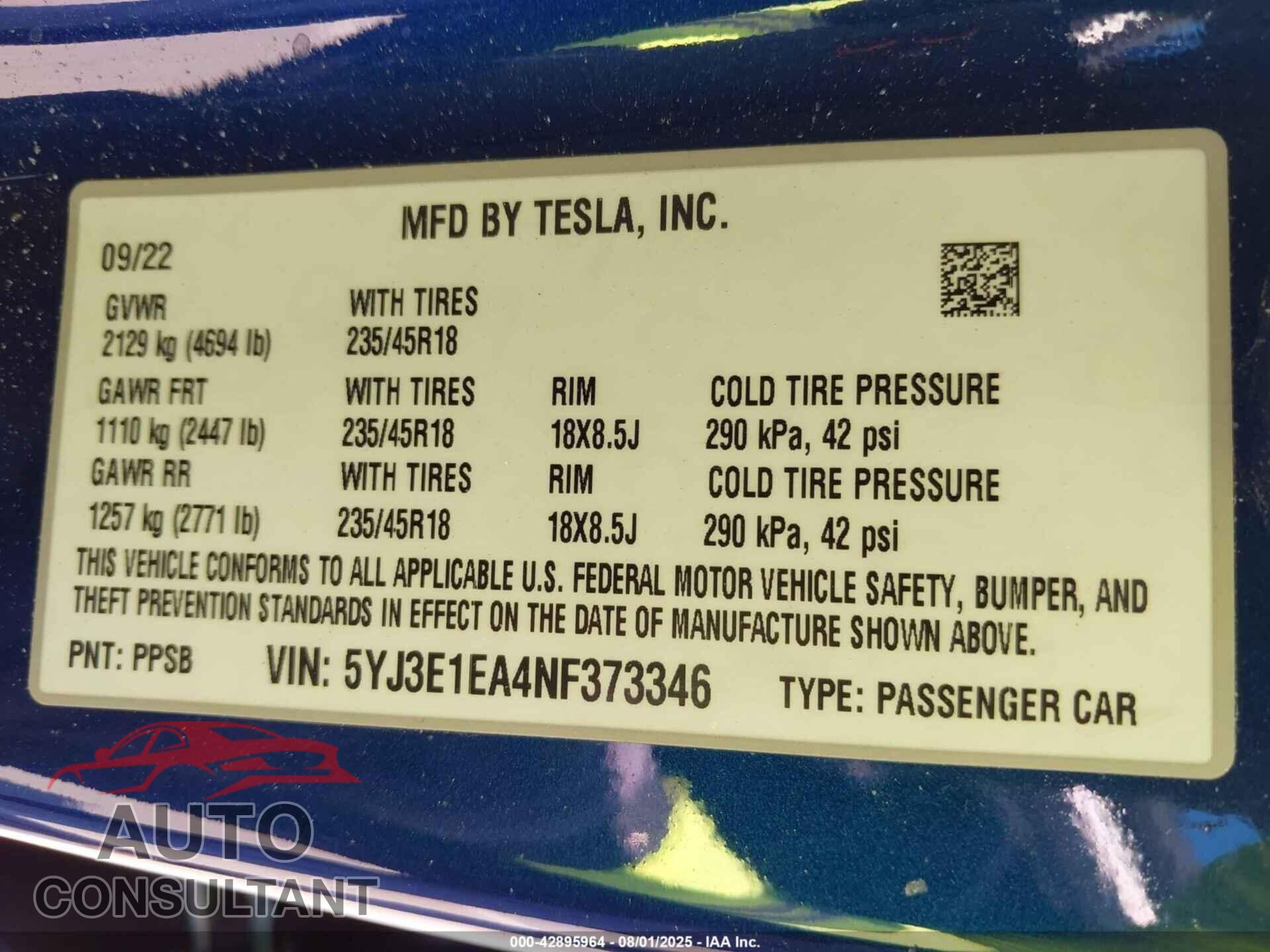 TESLA MODEL 3 2022 - 5YJ3E1EA4NF373346
