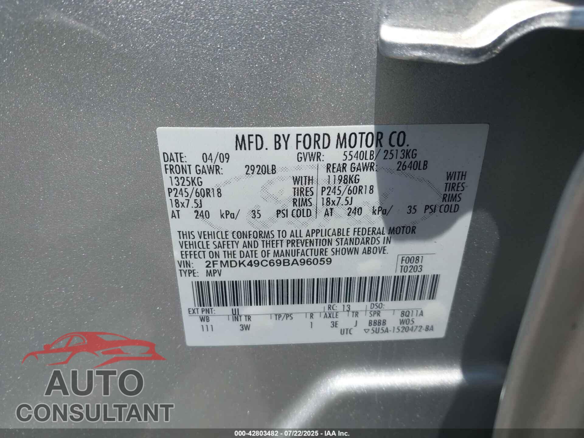 FORD EDGE 2009 - 2FMDK49C69BA96059