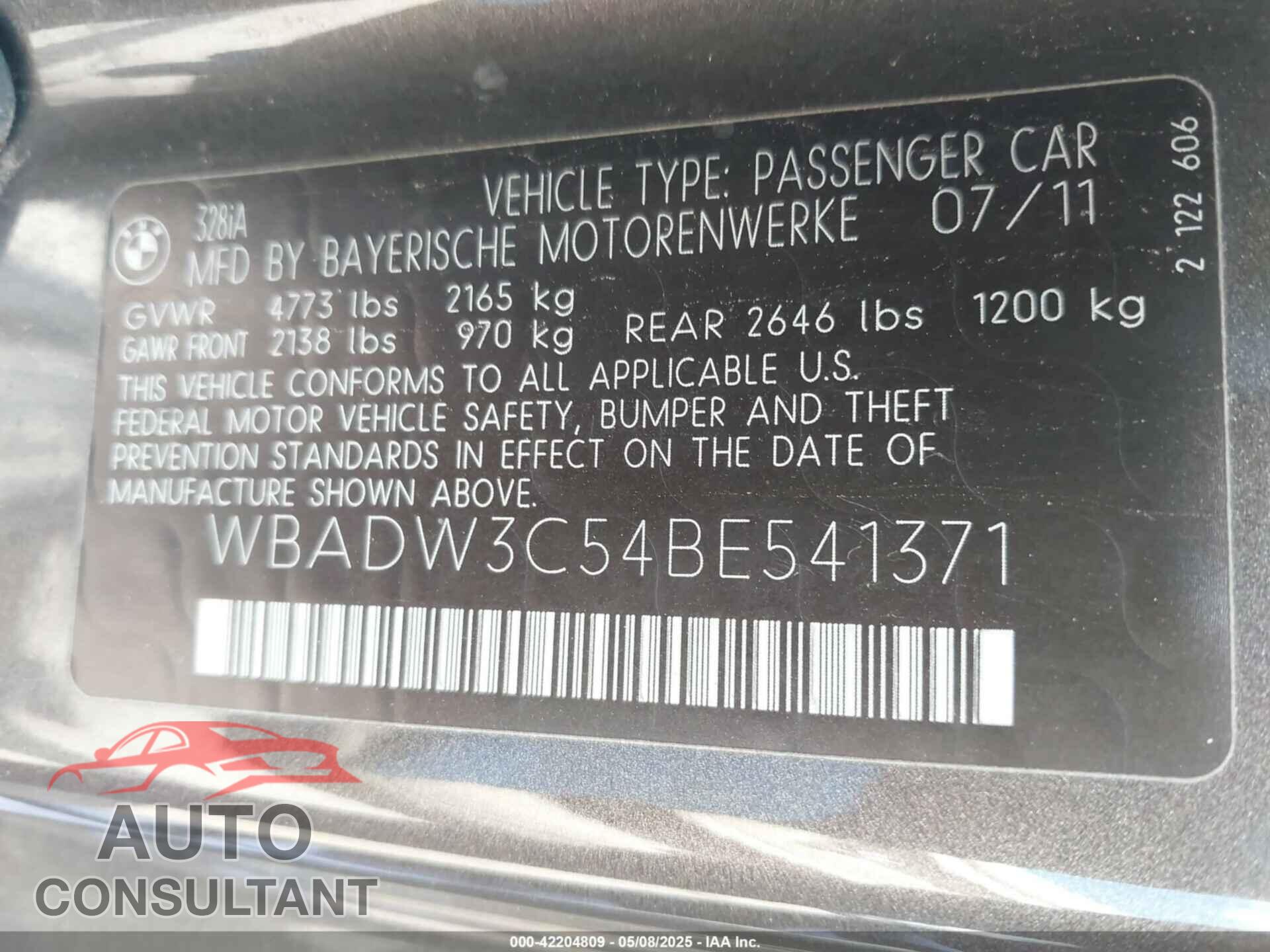 BMW 328I 2011 - WBADW3C54BE541371
