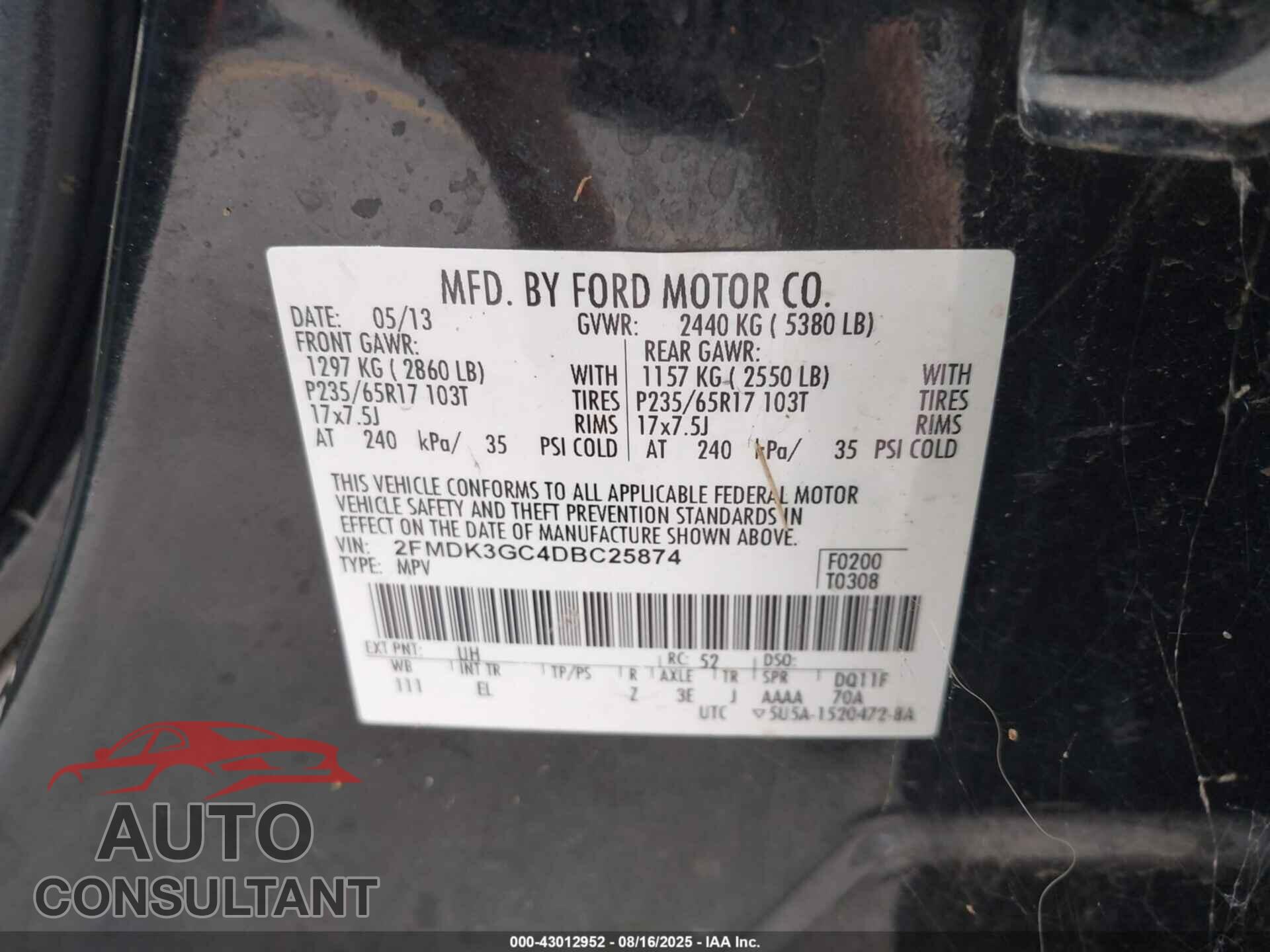 FORD EDGE 2013 - 2FMDK3GC4DBC25874