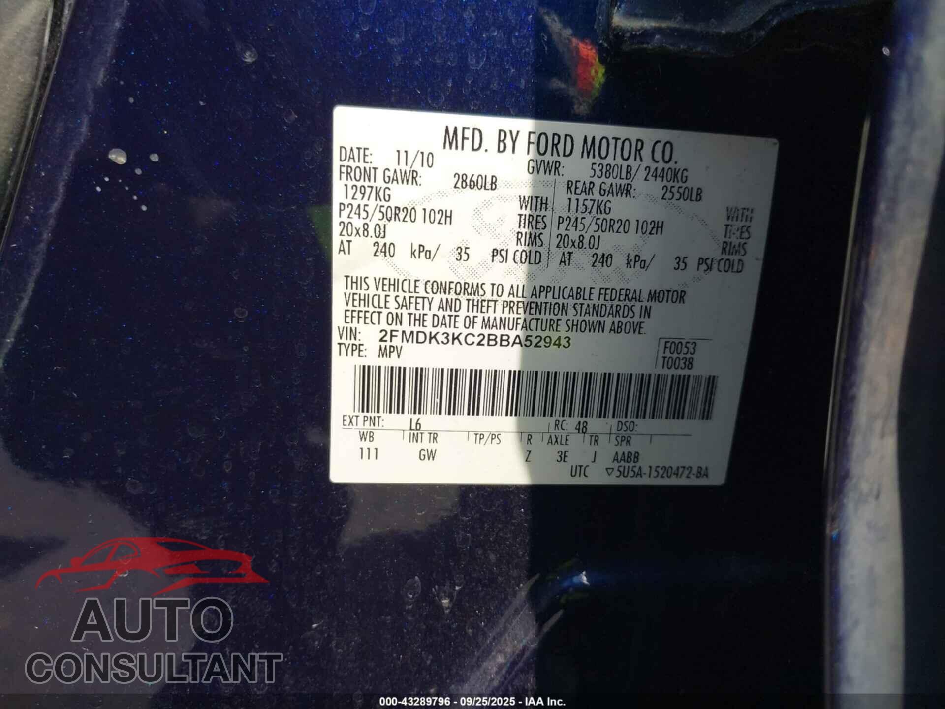 FORD EDGE 2011 - 2FMDK3KC2BBA52943