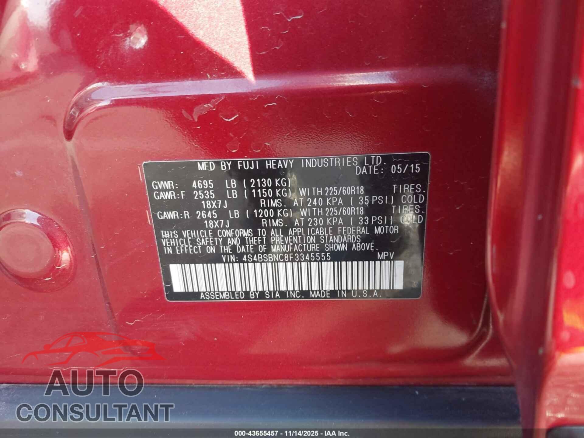 SUBARU OUTBACK 2015 - 4S4BSBNC8F3345555