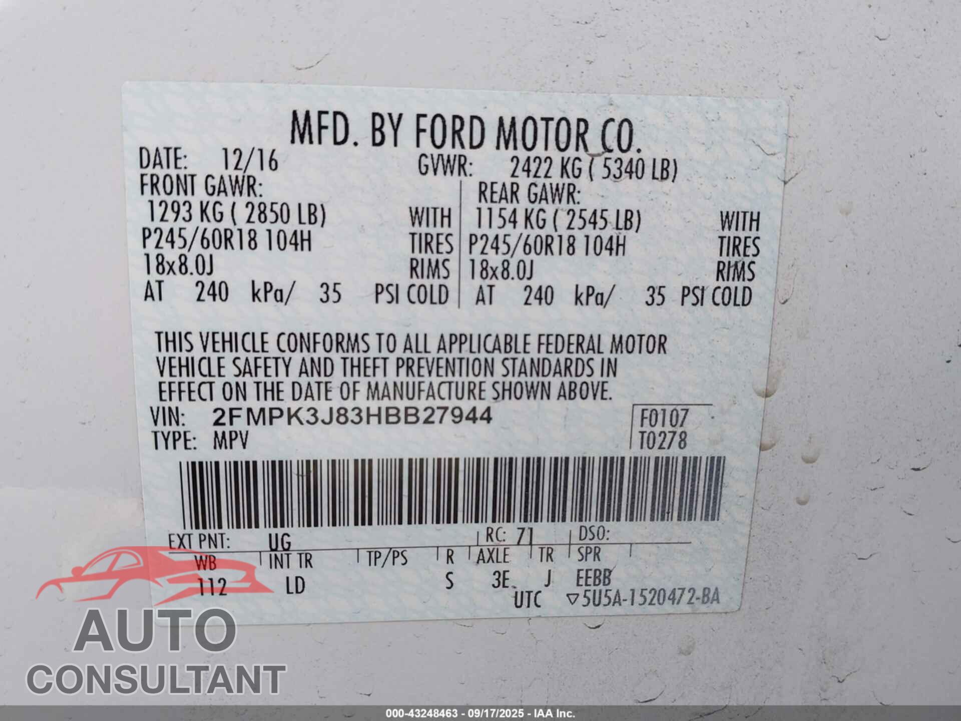 FORD EDGE 2017 - 2FMPK3J83HBB27944