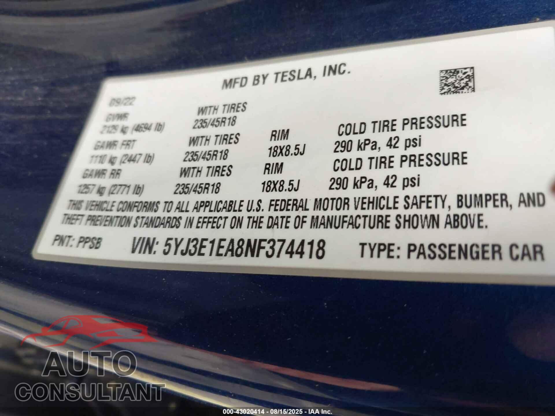 TESLA MODEL 3 2022 - 5YJ3E1EA8NF374418