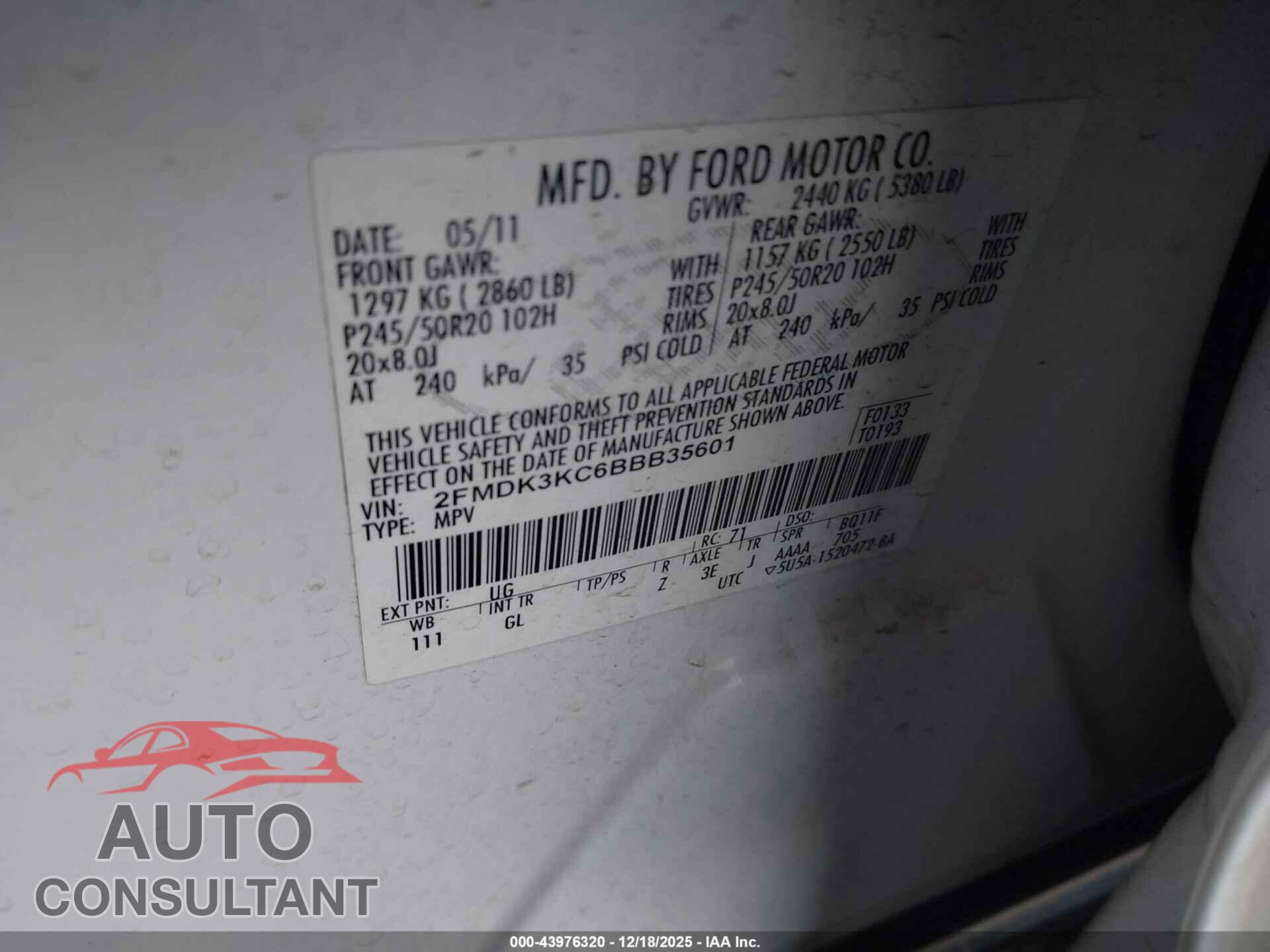 FORD EDGE 2011 - 2FMDK3KC6BBB35601