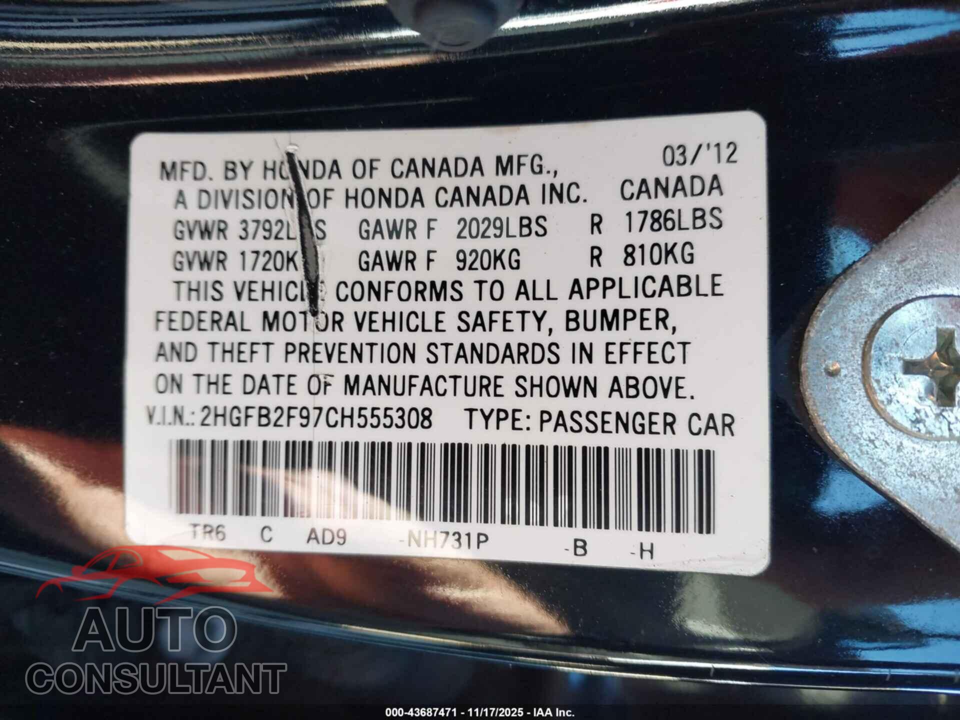 HONDA CIVIC 2012 - 2HGFB2F97CH555308