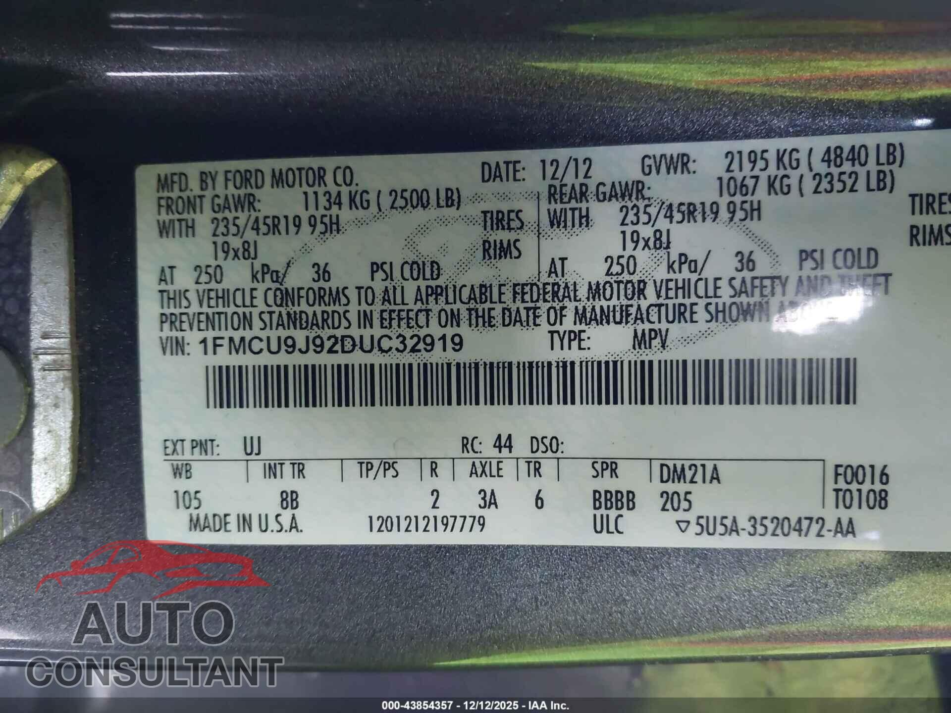 FORD ESCAPE 2013 - 1FMCU9J92DUC32919