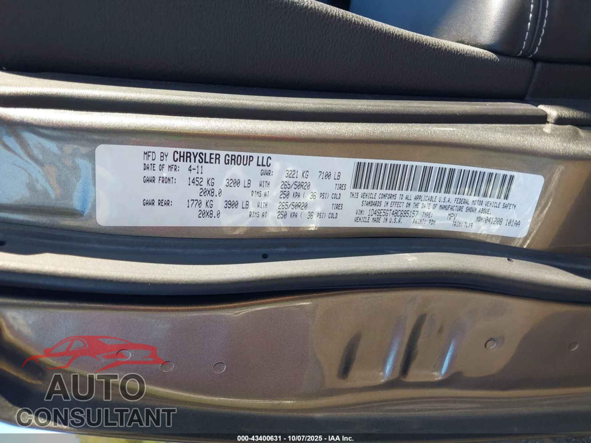 DODGE DURANGO 2011 - 1D4SE5GT4BC695157