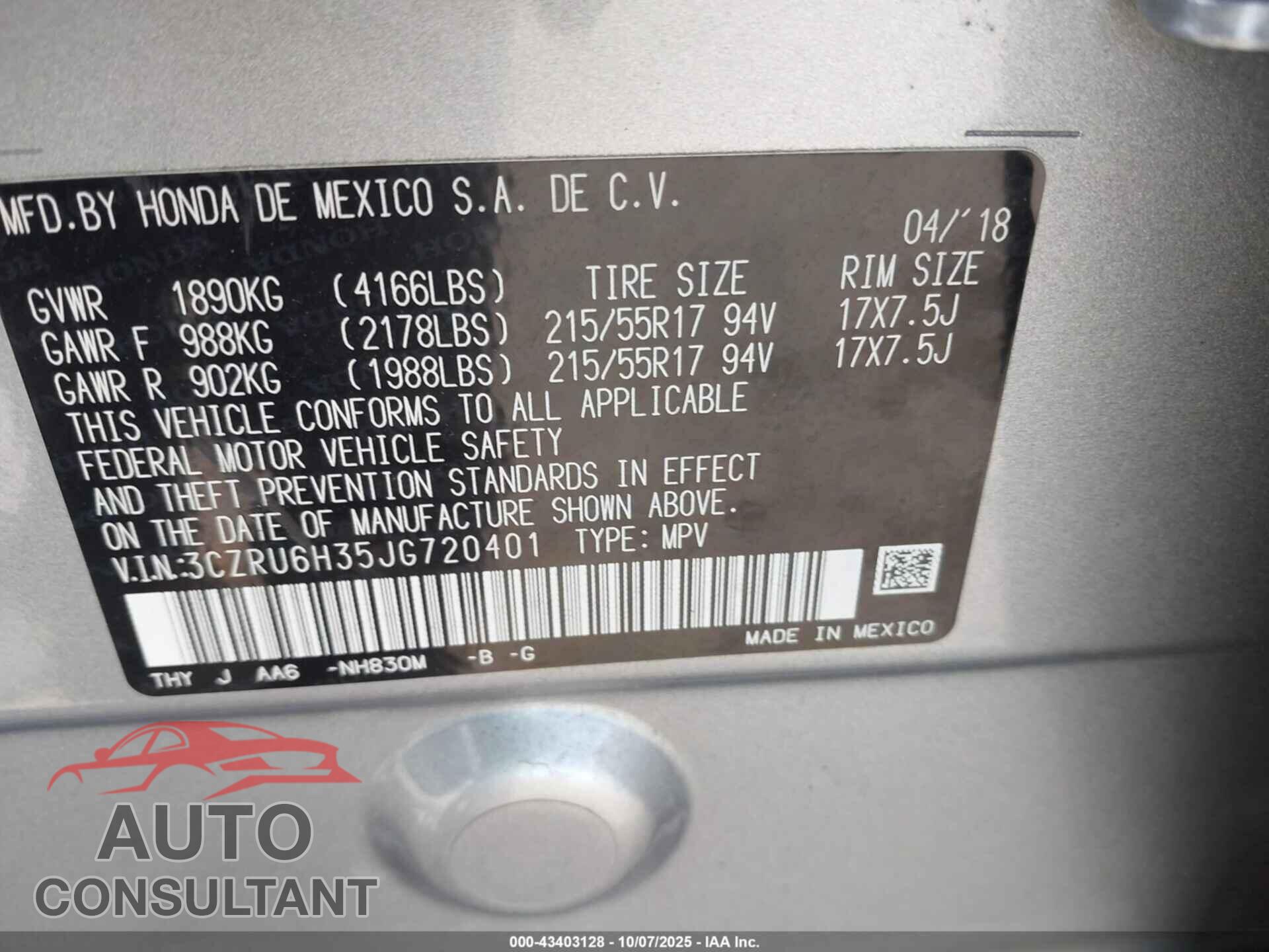 HONDA HR-V 2018 - 3CZRU6H35JG720401