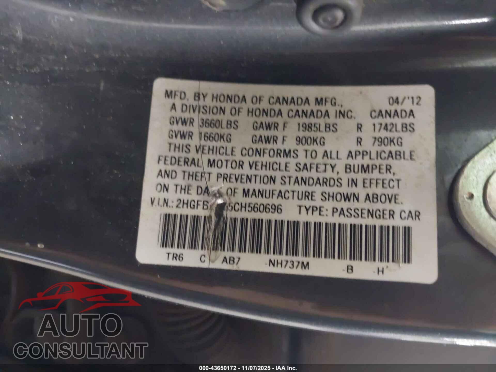 HONDA CIVIC 2012 - 2HGFB2F55CH560696