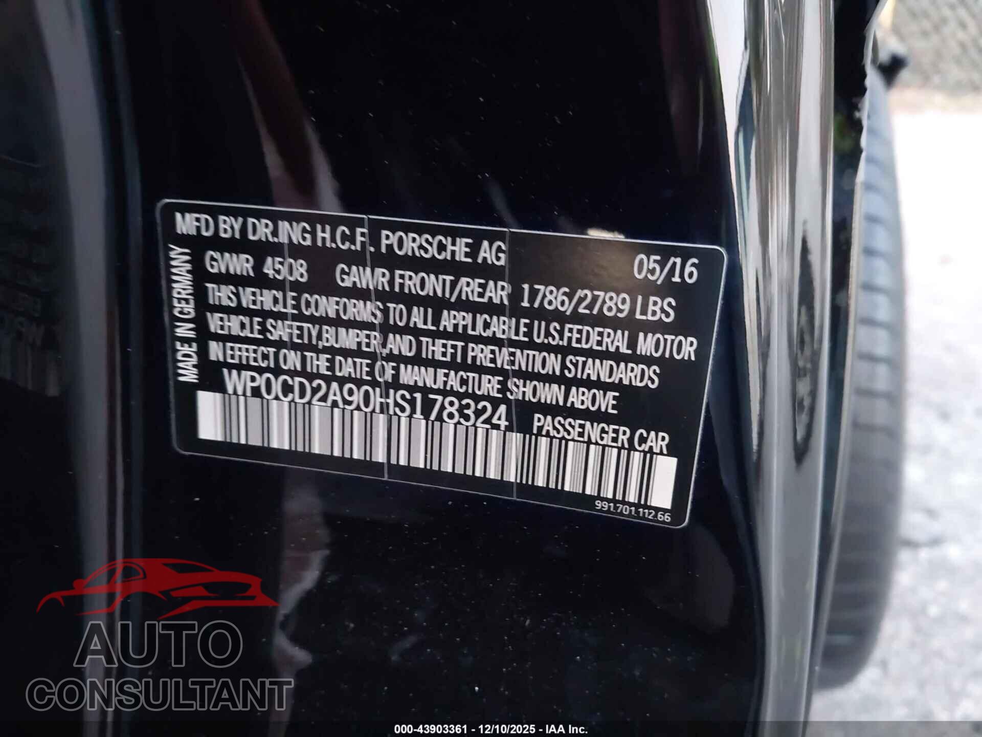 PORSCHE 911 2017 - WP0CD2A90HS178324