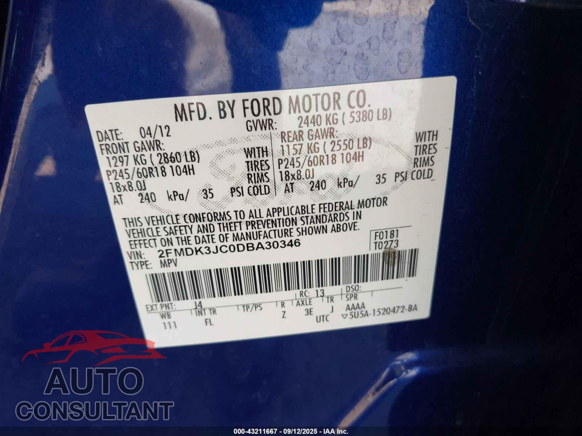 FORD EDGE 2013 - 2FMDK3JC0DBA30346