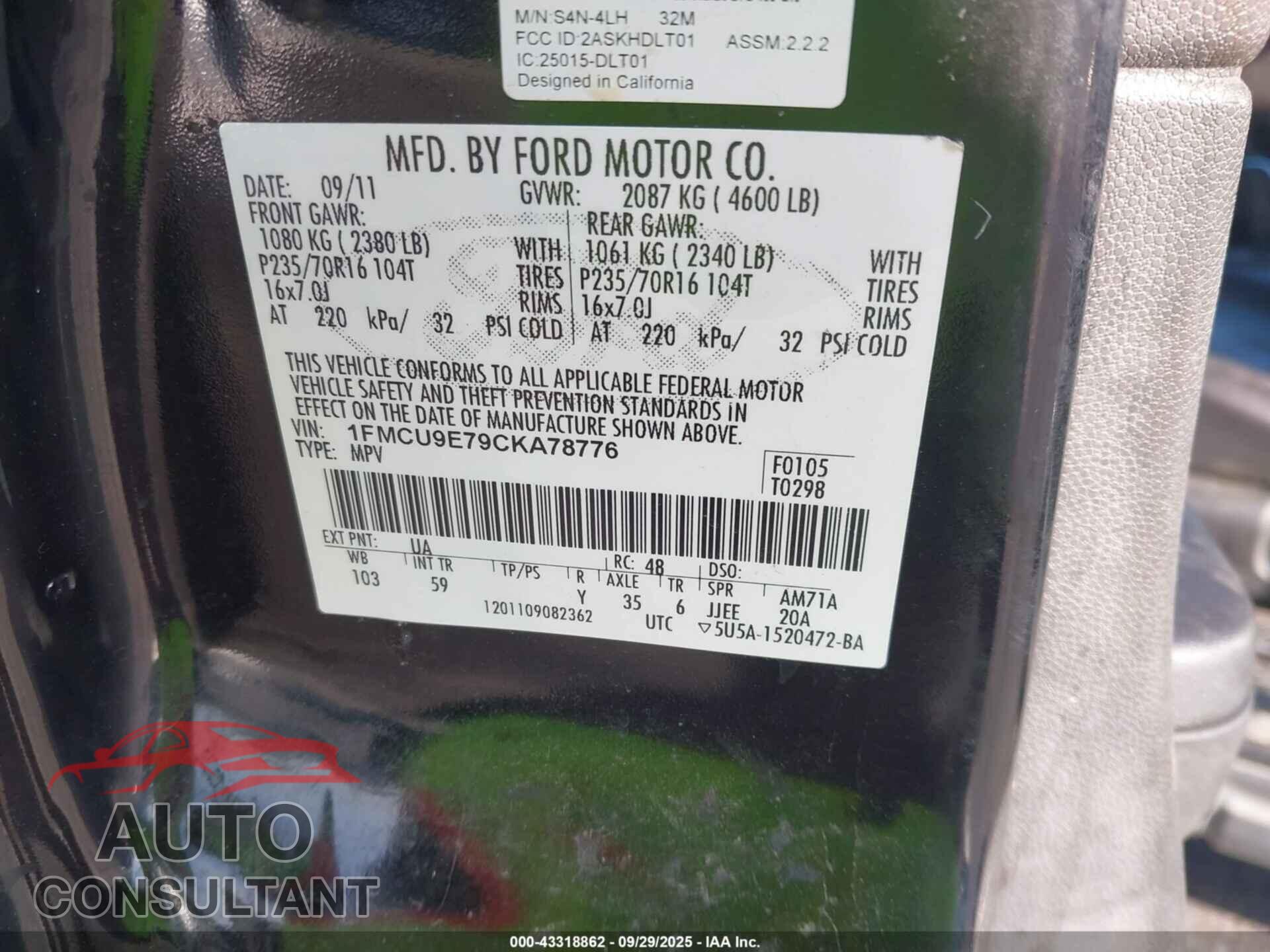 FORD ESCAPE 2012 - 1FMCU9E79CKA78776