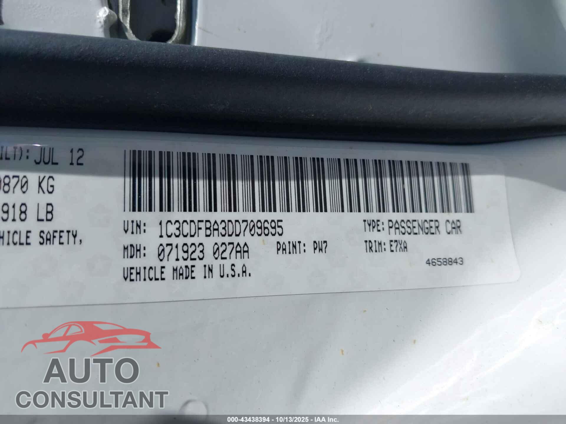 DODGE DART 2013 - 1C3CDFBA3DD709695