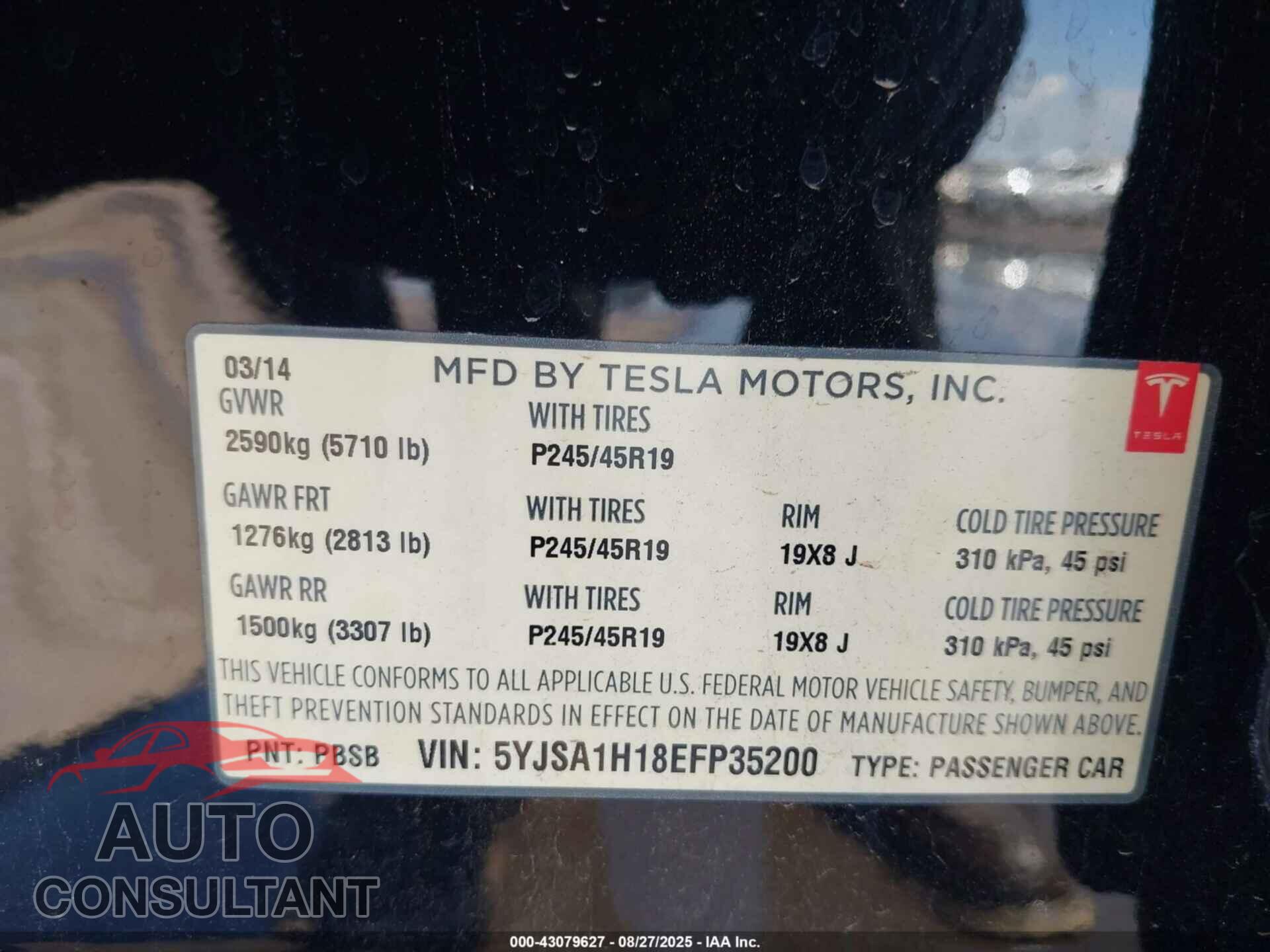 TESLA MODEL S 2014 - 5YJSA1H18EFP35200