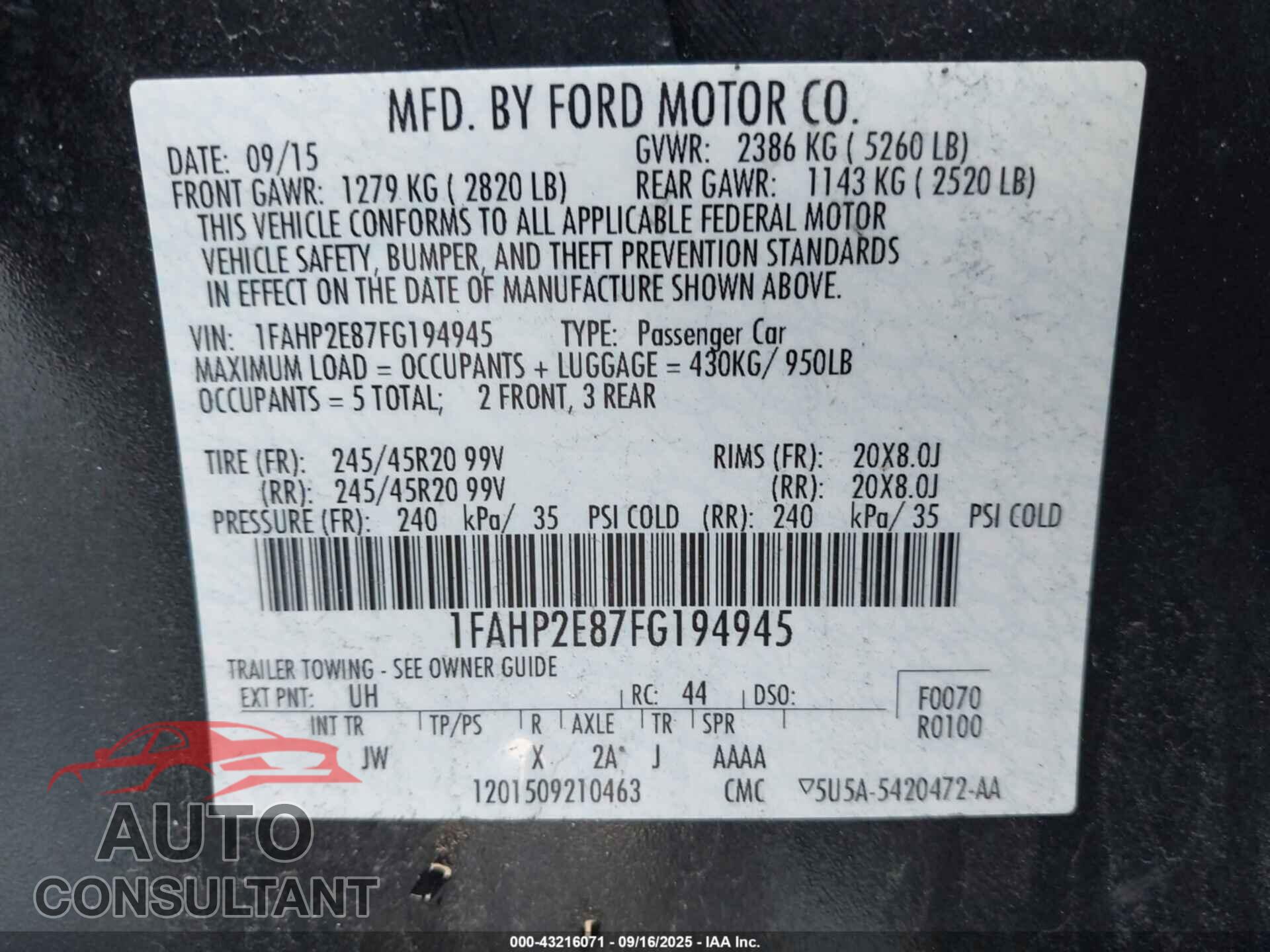 FORD TAURUS 2015 - 1FAHP2E87FG194945