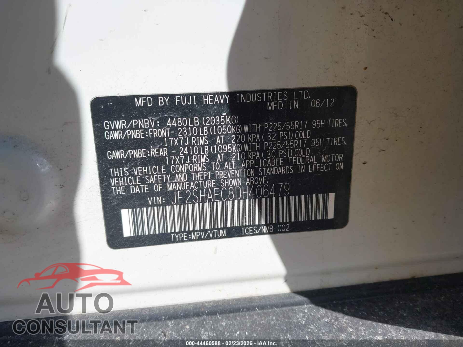 SUBARU FORESTER 2013 - JF2SHAEC8DH406479