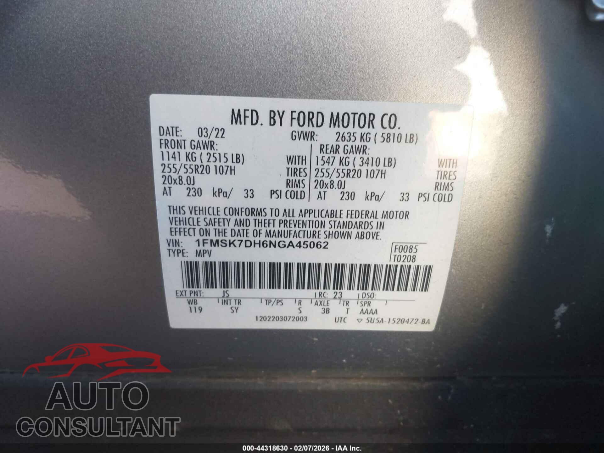 FORD EXPLORER 2022 - 1FMSK7DH6NGA45062