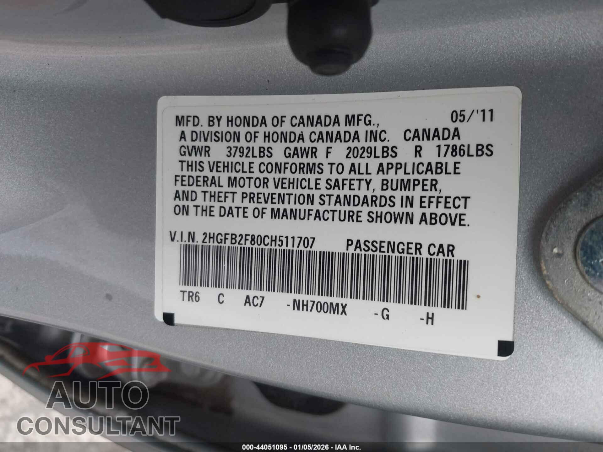 HONDA CIVIC 2012 - 2HGFB2F80CH511707