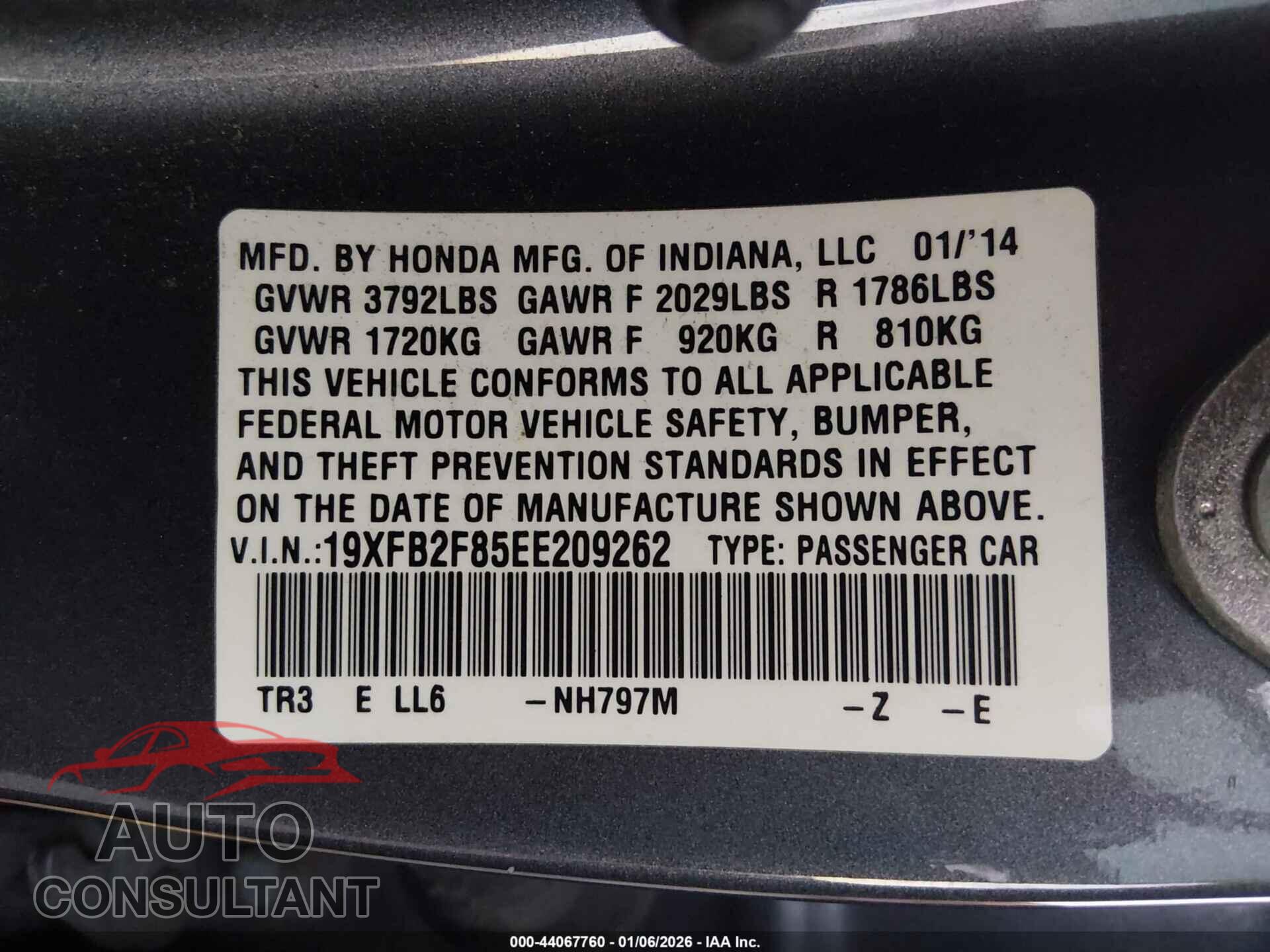 HONDA CIVIC 2014 - 19XFB2F85EE209262