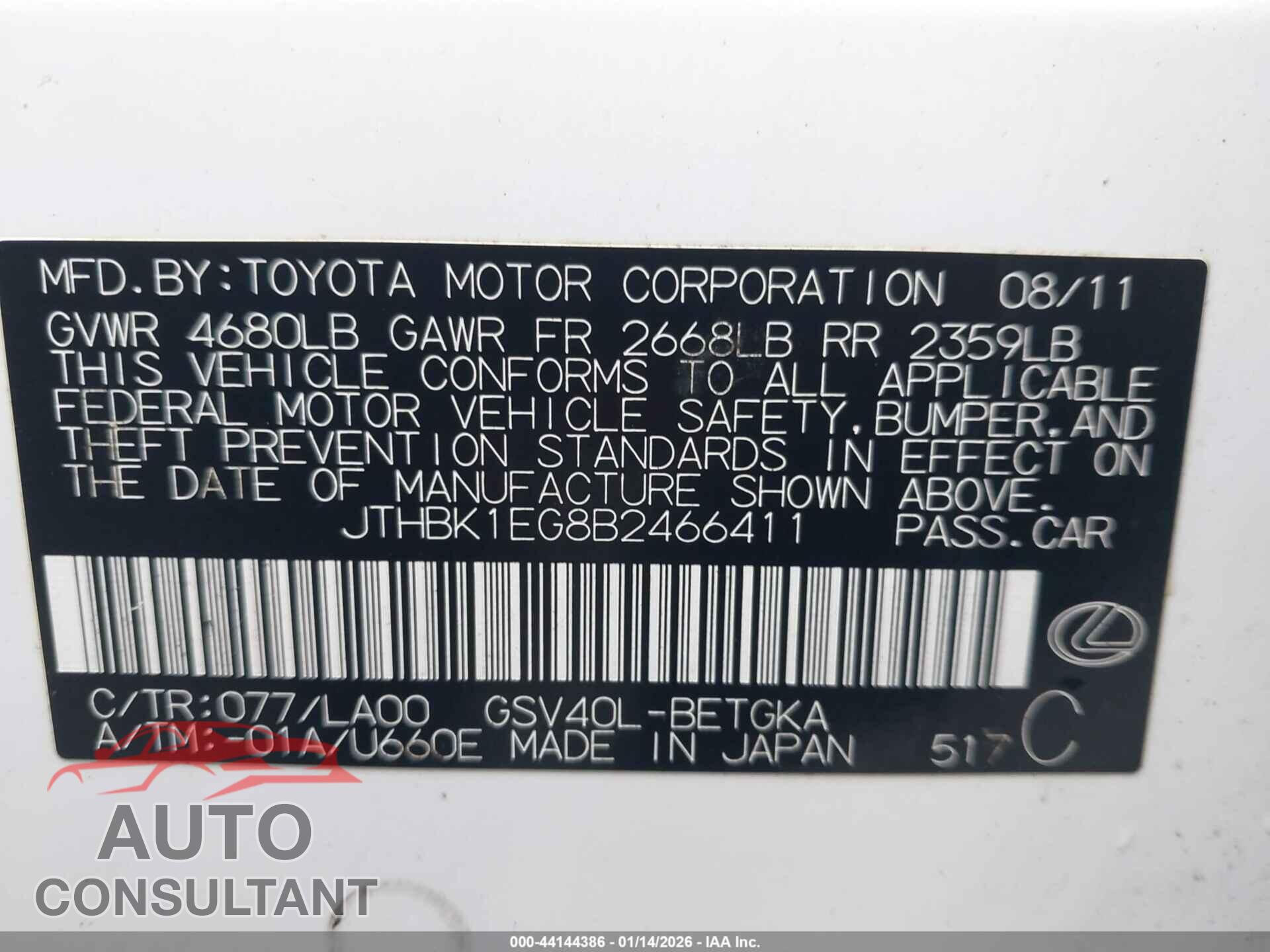 LEXUS ES 350 2011 - JTHBK1EG8B2466411